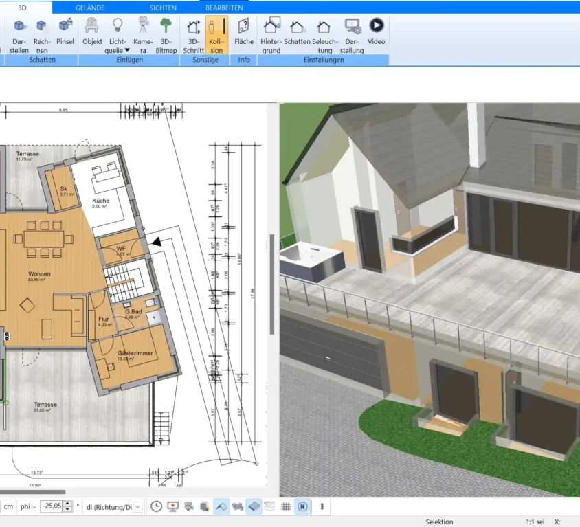 Erstellter Grundriss in 2D mit Plan7Architekt Präzise Gestaltung und einfache Bearbeitung von Wänden, Türen und Fenstern