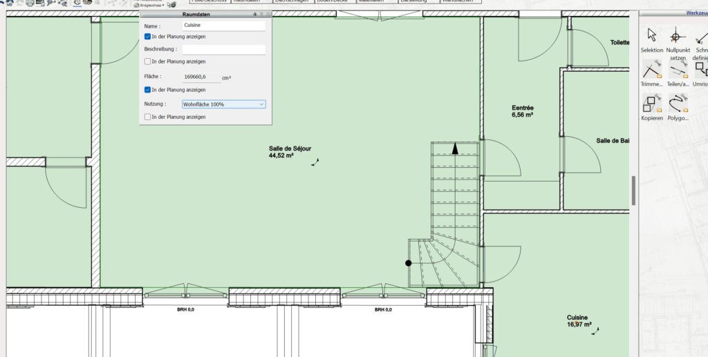 Die Raumfläche wird im Plan7Architekt automatisch berechnet und angezeigt