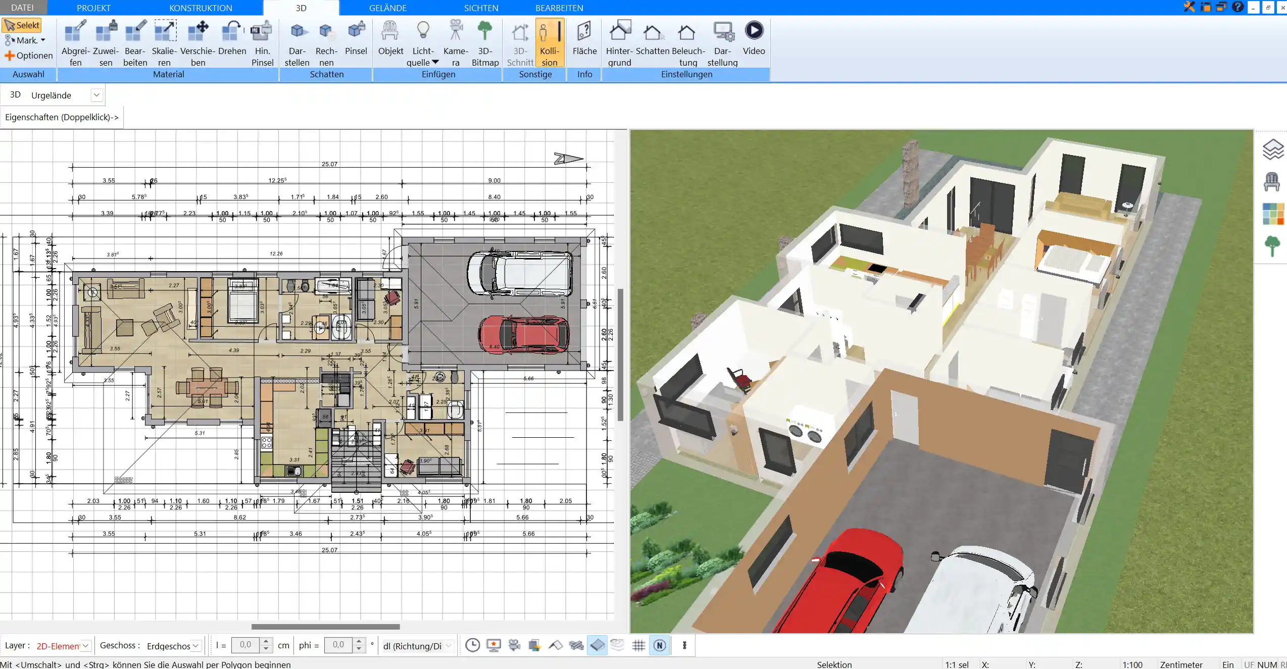Mit der 3D-Ansicht können Sie Ihr Erdgeschoss realistisch visualisieren und Raumgrößen sowie Lichtverhältnisse überprüfen