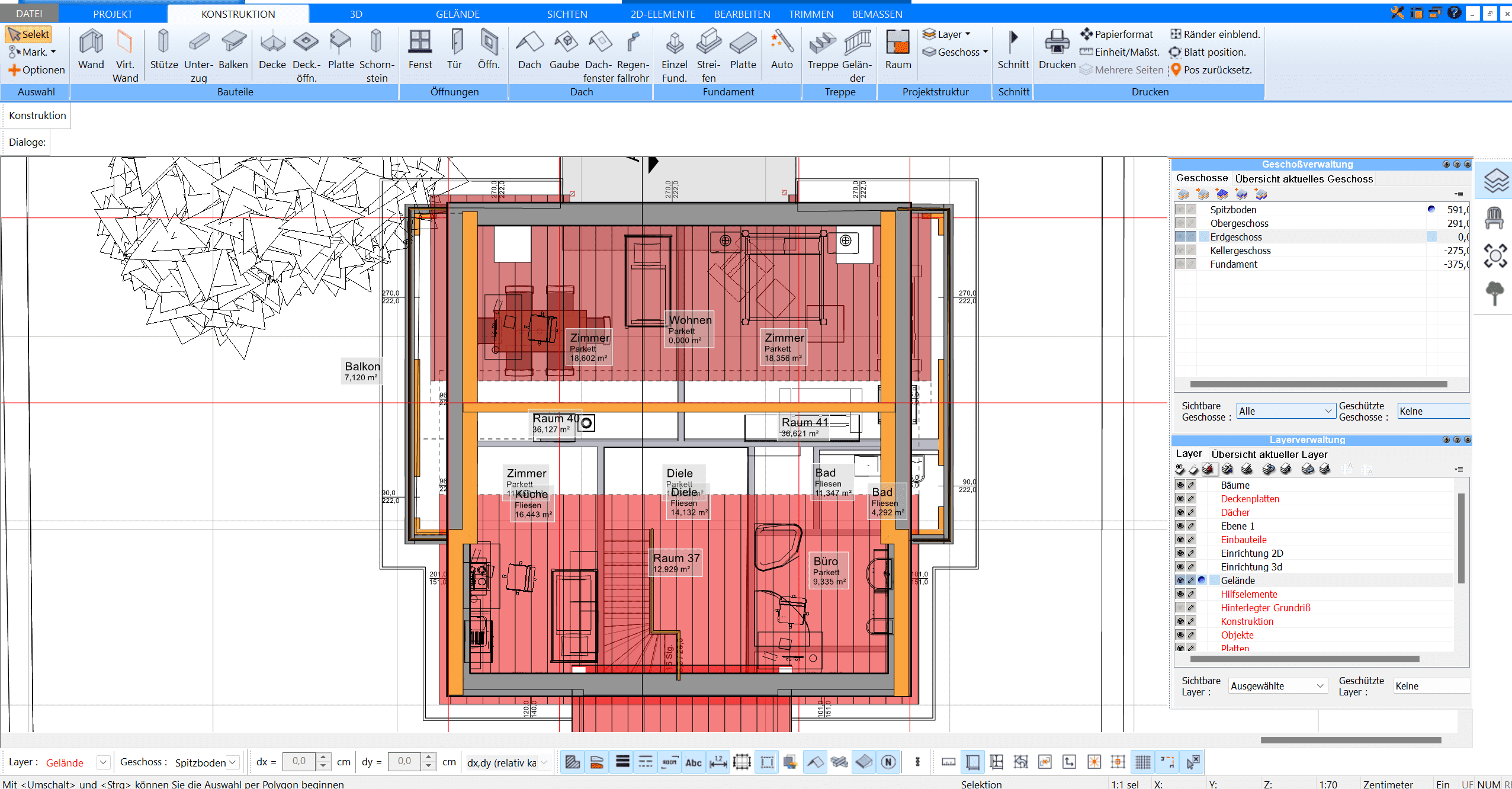 Dachschrägen werden im Plan7Architekt automatisch berechnet und gezeichnet
