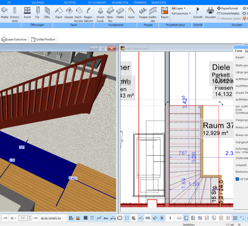 Im Plan7Architekt werden Treppen automatisch berechnet & können individuell eingestellt und gezeichnet werden