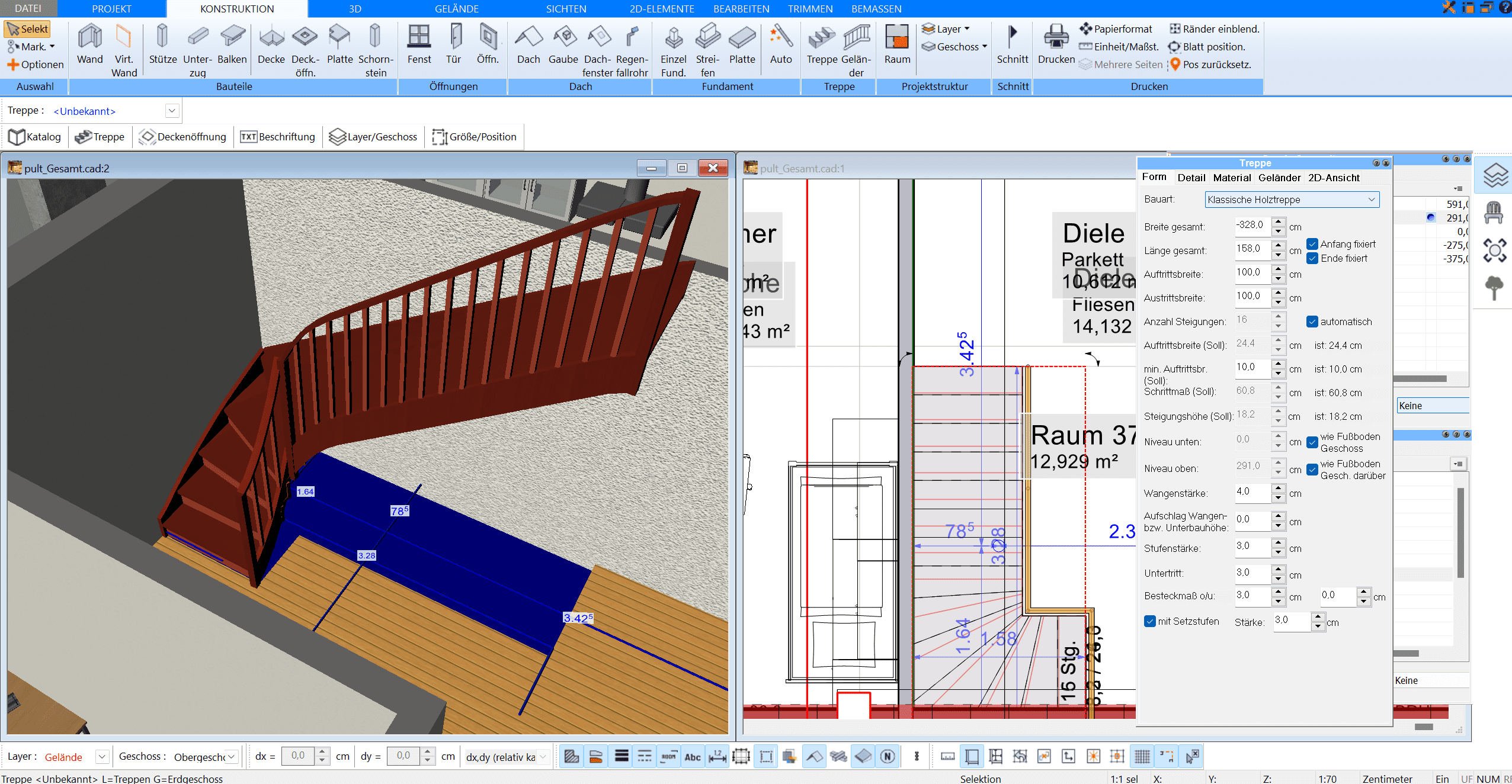 Im Plan7Architekt werden Treppen automatisch berechnet & können individuell eingestellt und gezeichnet werden