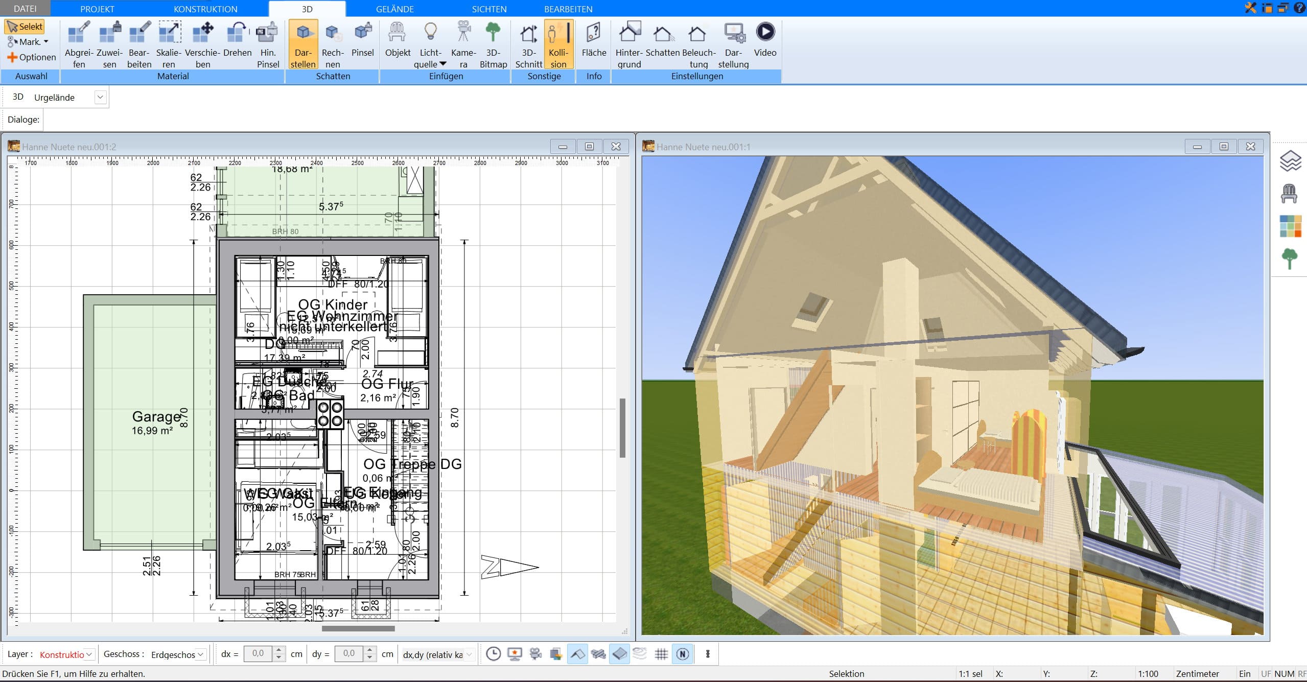 Dachbodenausbau parallel im 2D und 3D Modus planen im Plan7Architekt