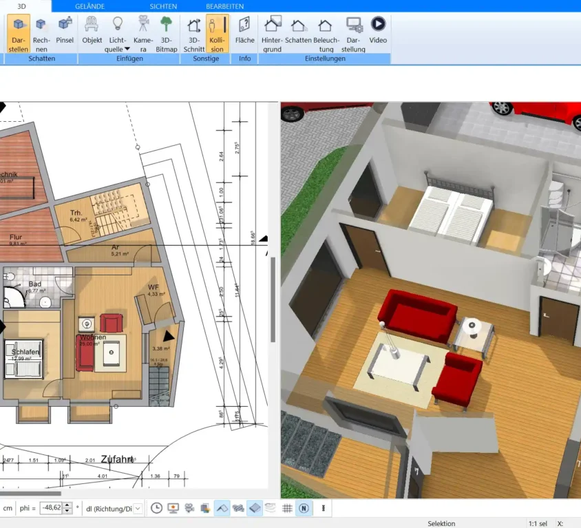 Das Ankleidezimmer kann im Plan7Architekt parallel im 2D und 3D Modus geplant werden