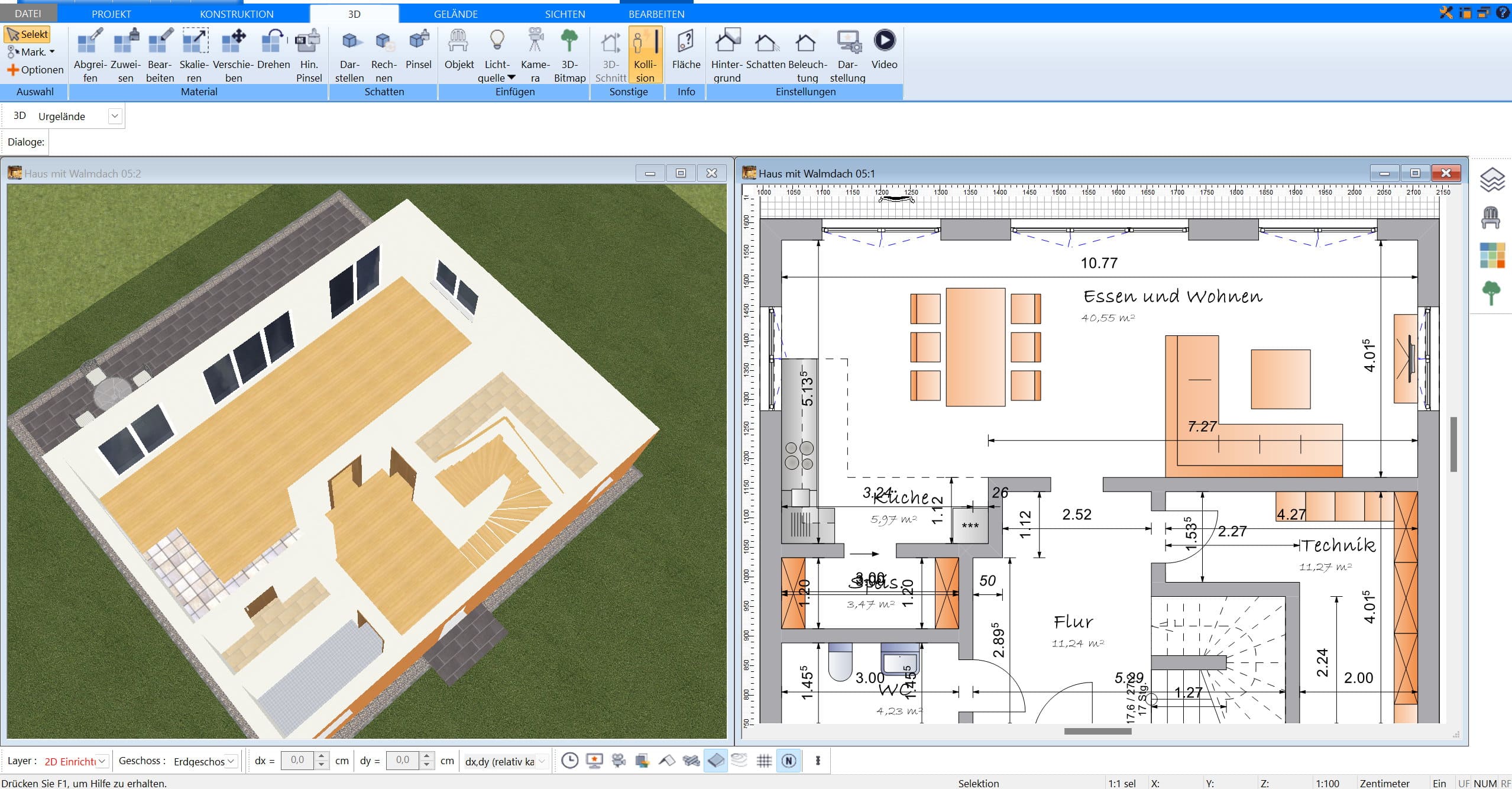 Das Ankleidezimmer kann im Plan7Architekt parallel im 2D und 3D Modus geplant werden