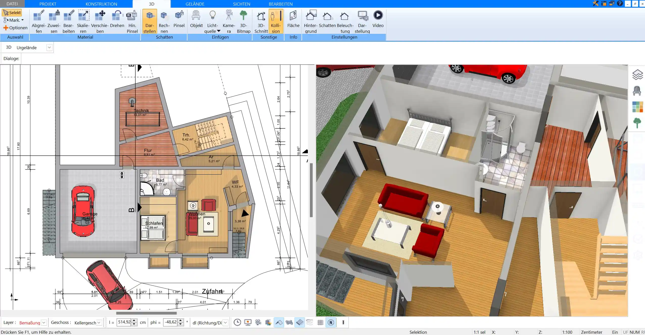 Das Ankleidezimmer kann im Plan7Architekt parallel im 2D und 3D Modus geplant werden