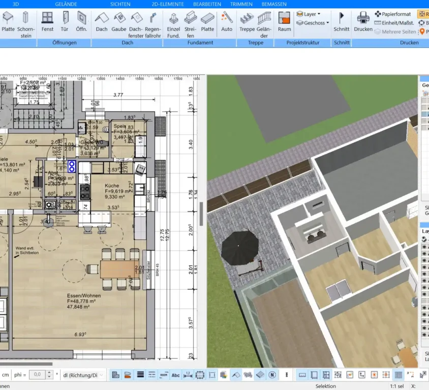 Im Plan7Architekt gibt es sowohl die automatische Außenbemaßung als auch die manuelle Bemaßung