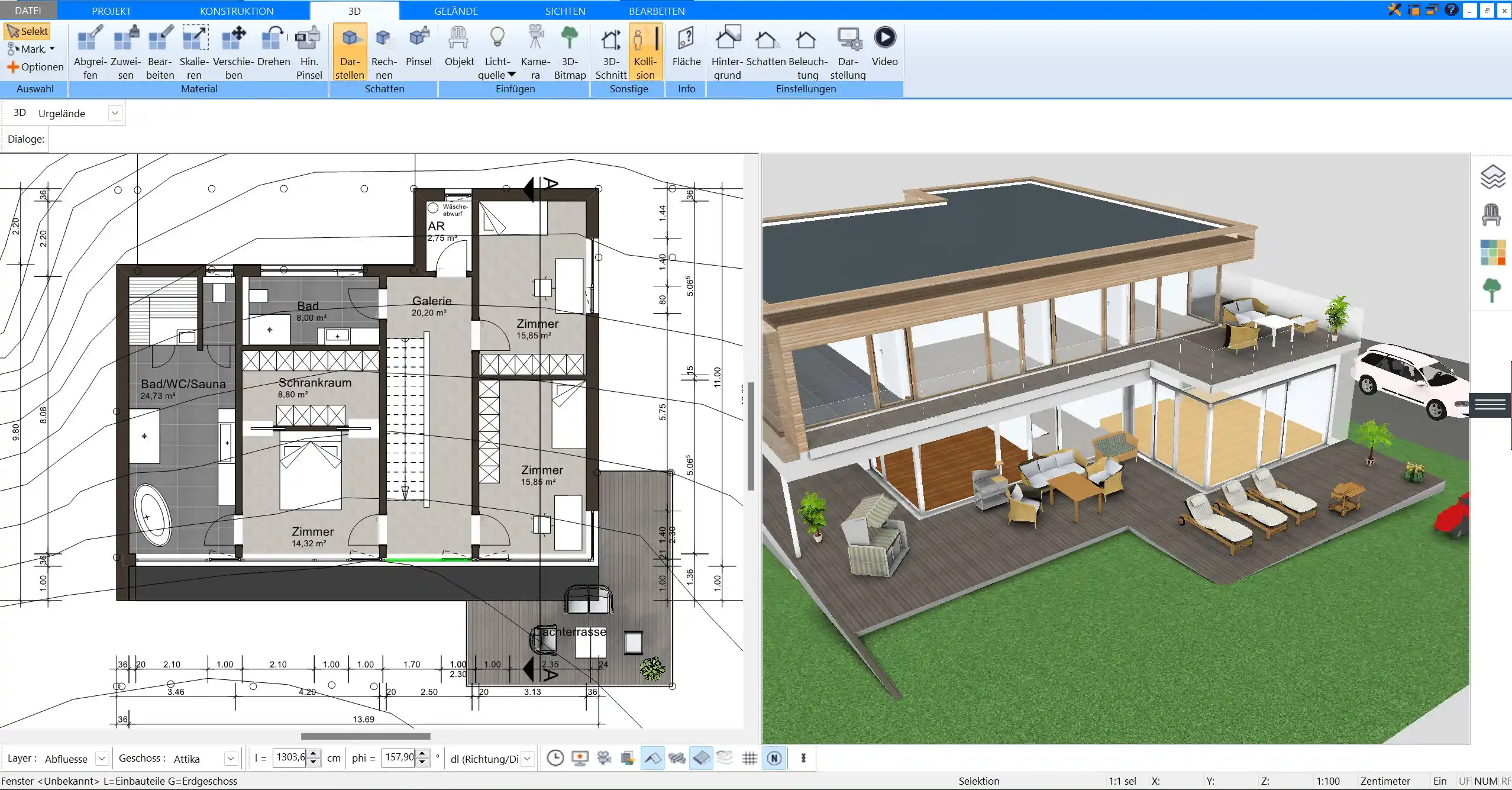 Im Plan7Architekt kann der Sockel eines Hauses nach deutschen Baustandards geplant werden