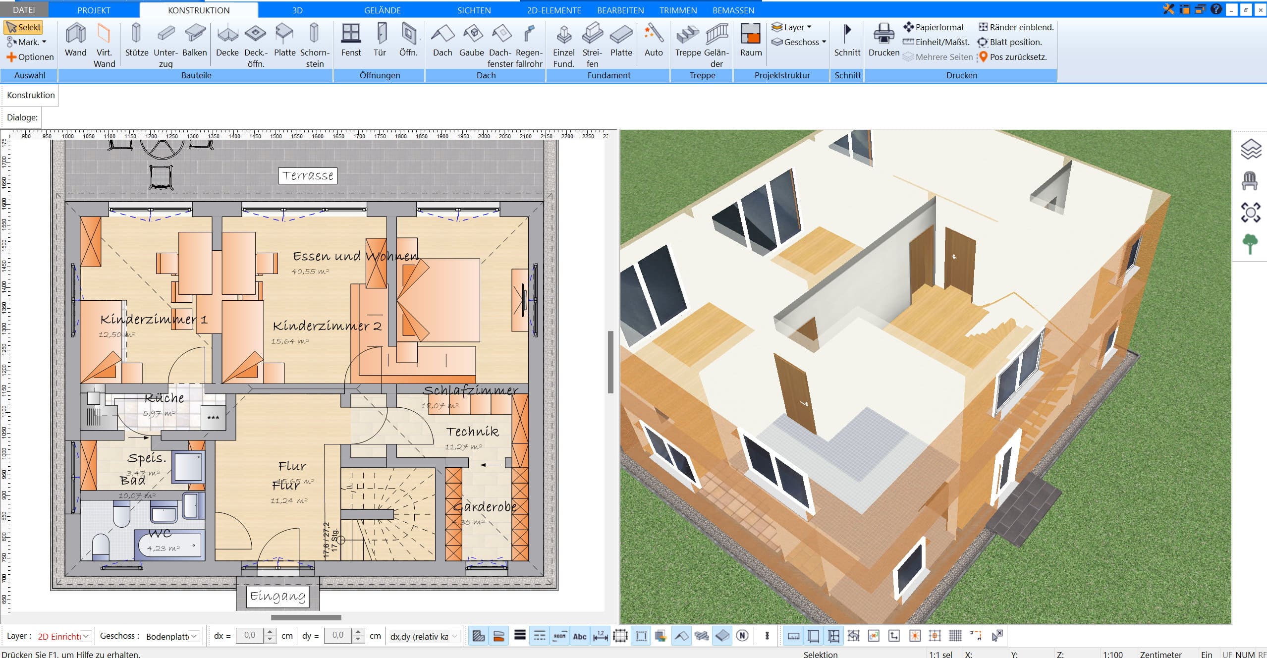 Im Plan7Architekt lässt sich das Haus inklusive Inventar nach deutschen Baustandards virtuell planen & umgestalten
