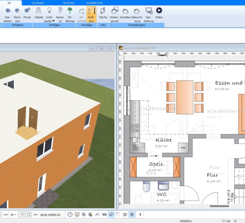 Im Plan7Architekt lässt sich das Wohnzimmer im 2D und 3D Modus parallel planen
