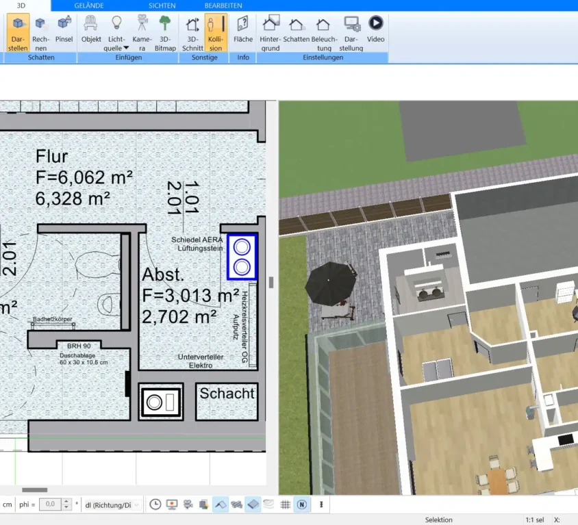 Im Plan7Architekt lässt sich das Wohnzimmer im 2D und 3D Modus parallel planen