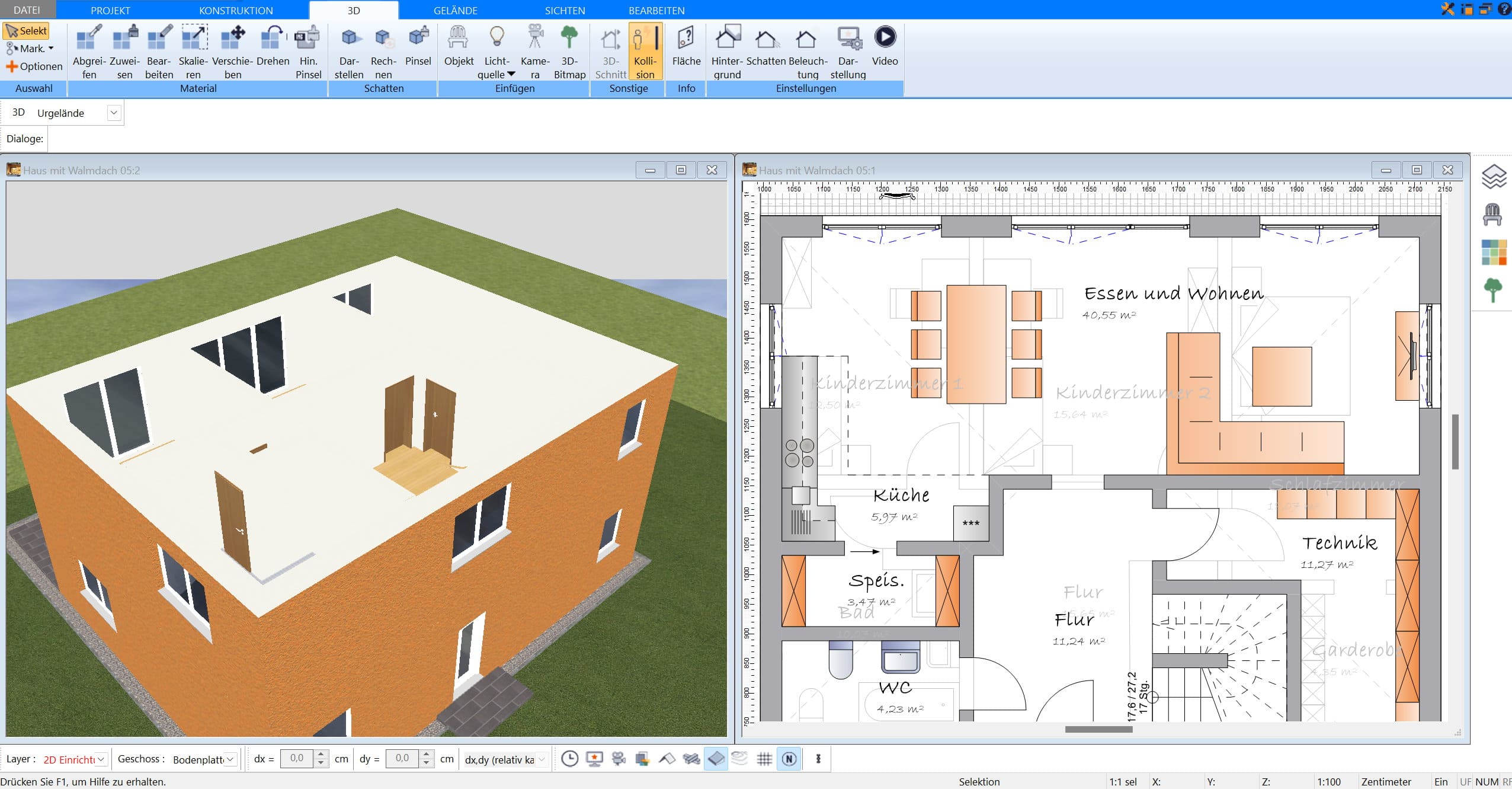 Im Plan7Architekt lässt sich das Wohnzimmer im 2D und 3D Modus parallel planen