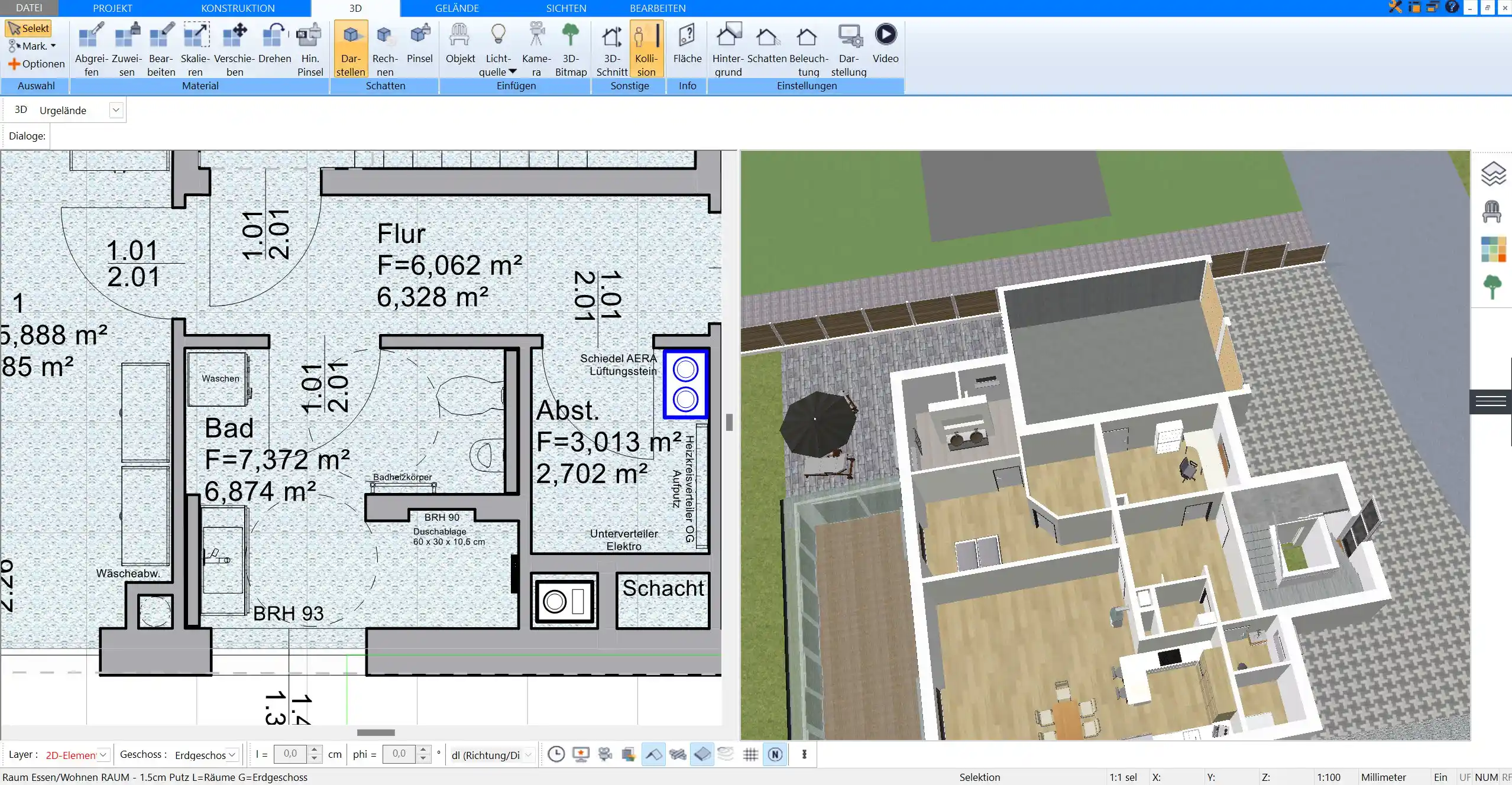 Im Plan7Architekt lässt sich das Wohnzimmer im 2D und 3D Modus parallel planen