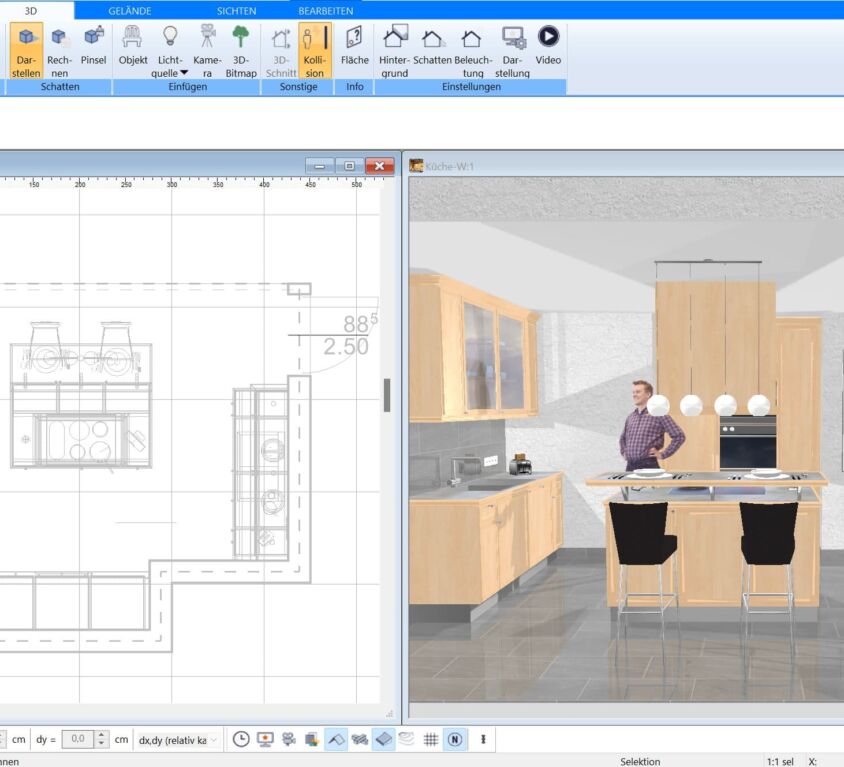 Im Plan7Architekt planen Sie die Küche im 2D und 3D Modus parallel