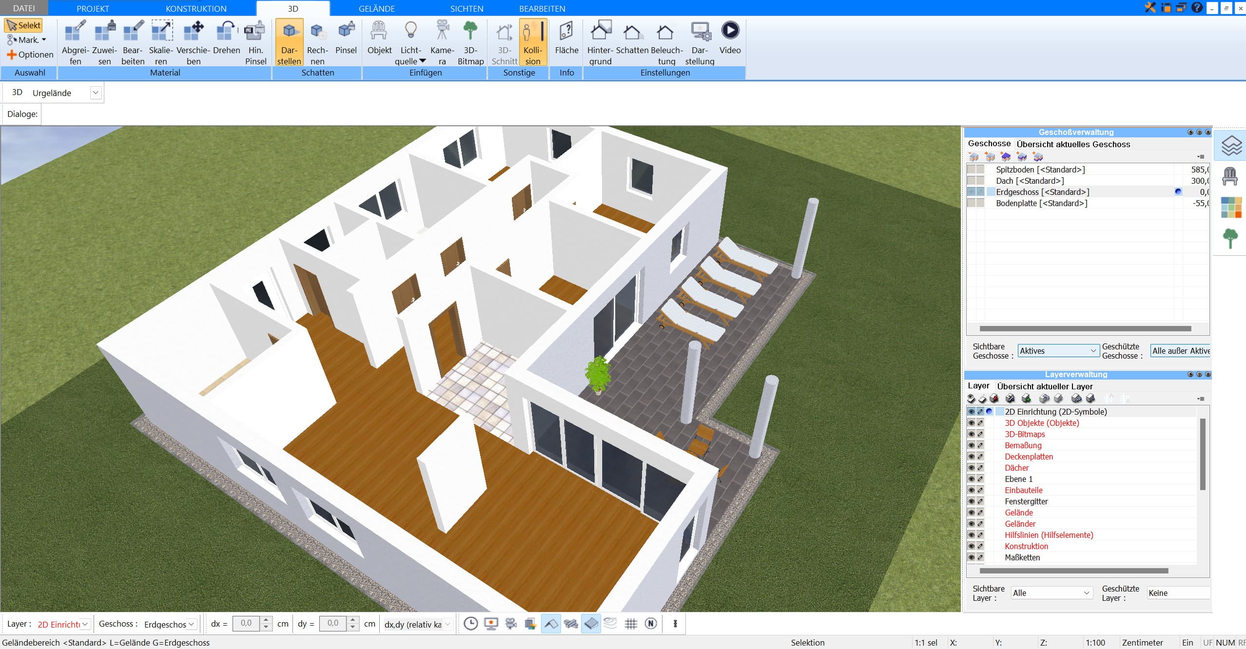 Räume können im Plan7Architekt sowohl in 2D als auch in 3D parallel geplant und bearbeitet werden