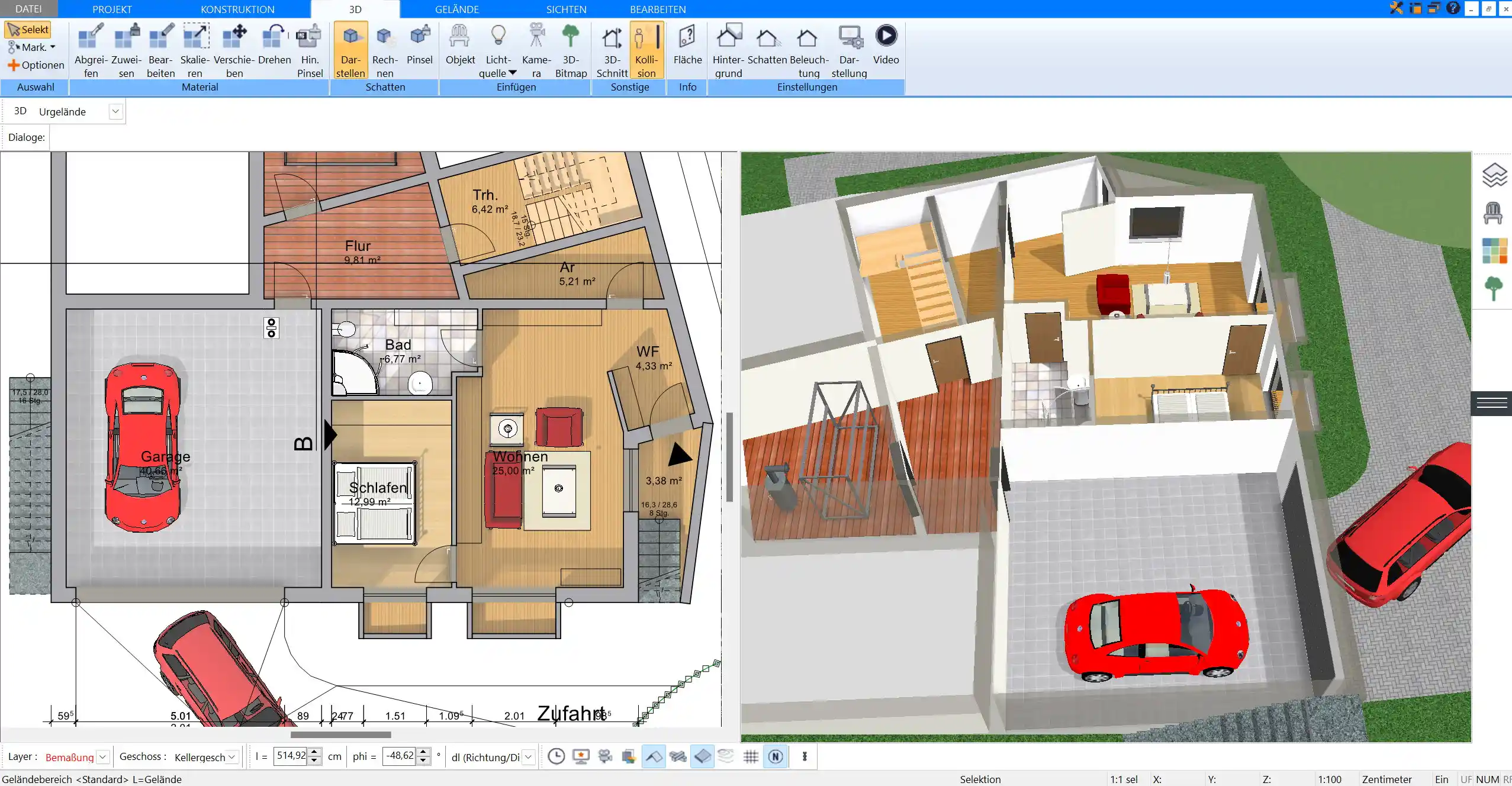 Räume können im Plan7Architekt sowohl in 2D als auch in 3D parallel geplant und bearbeitet werden