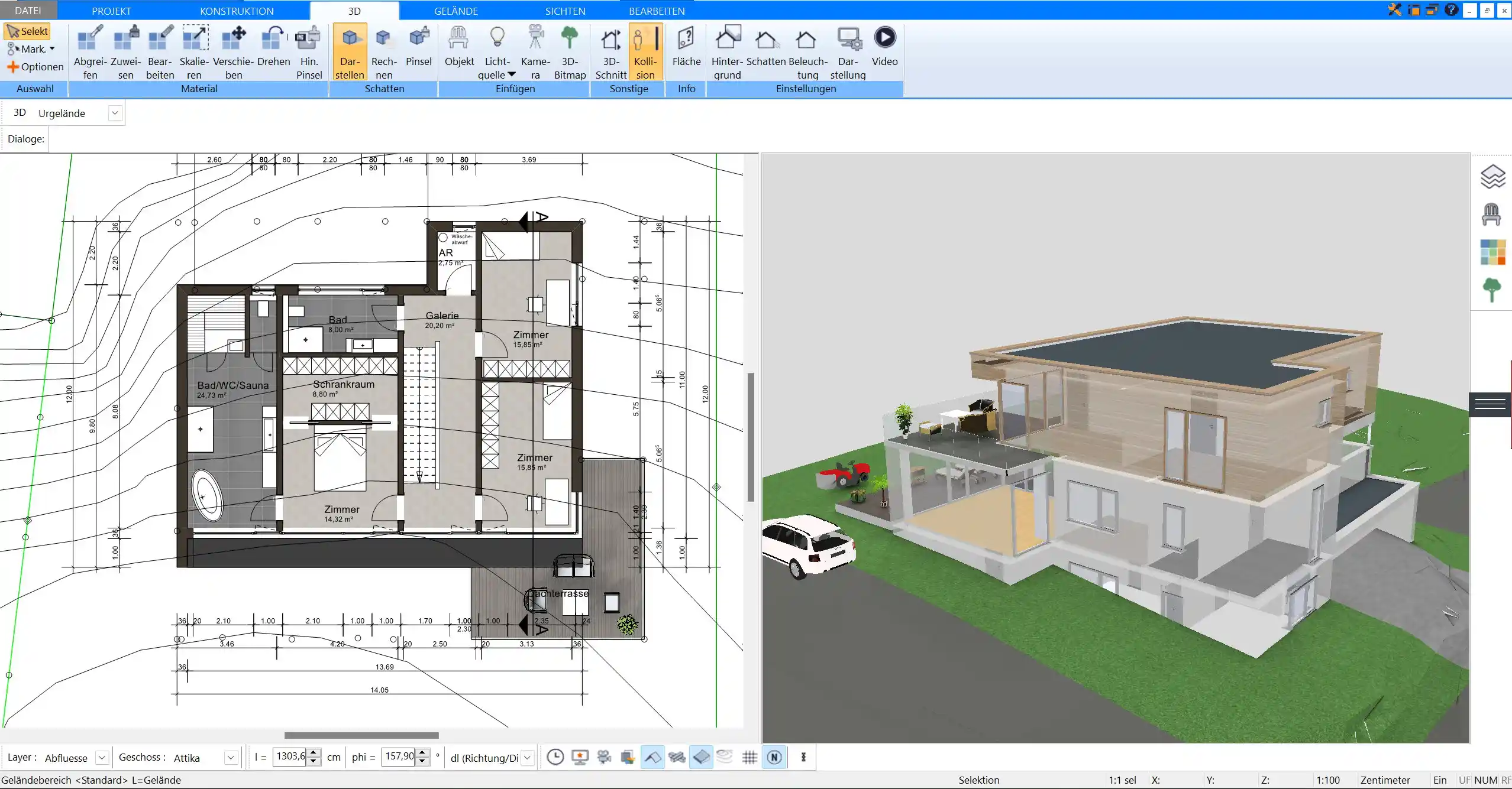 Die Grundfläche kann im Plan7Architekt automatisch und manuell berechnet werden