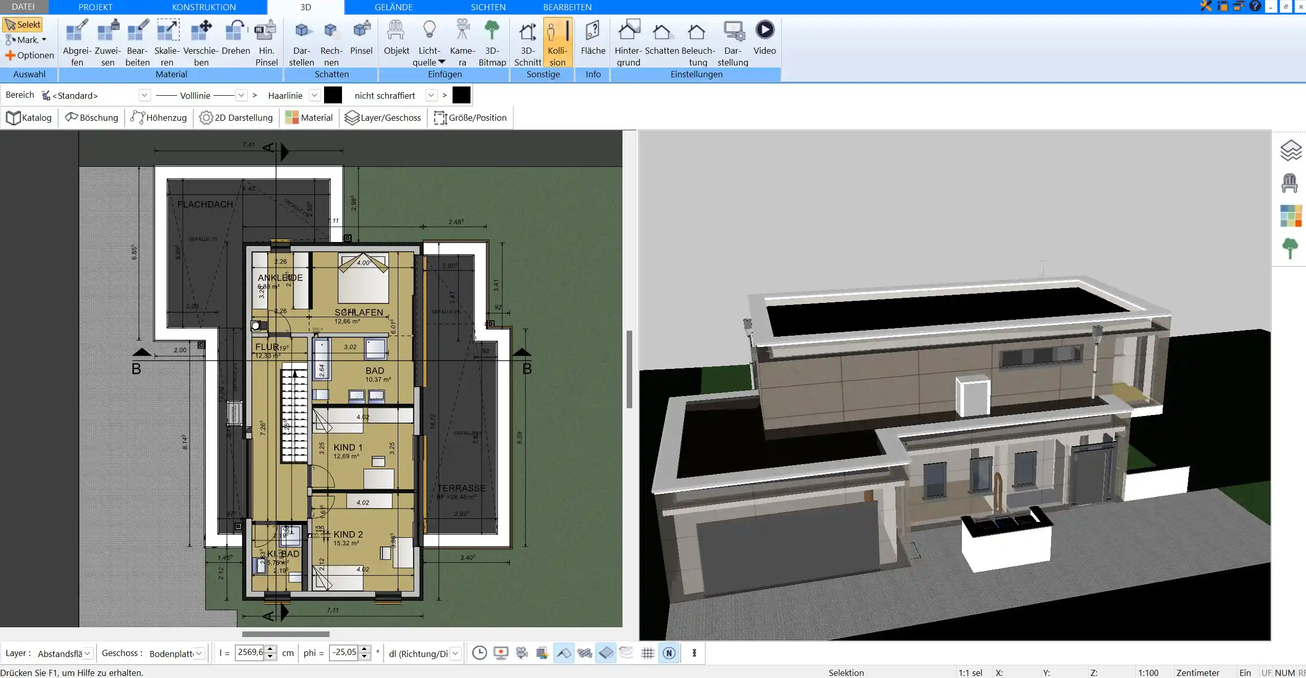 Die fotorealistische 3D-Ansicht von Plan7Architekt ermöglicht es, das geplante Haus aus verschiedenen Perspektiven zu betrachten