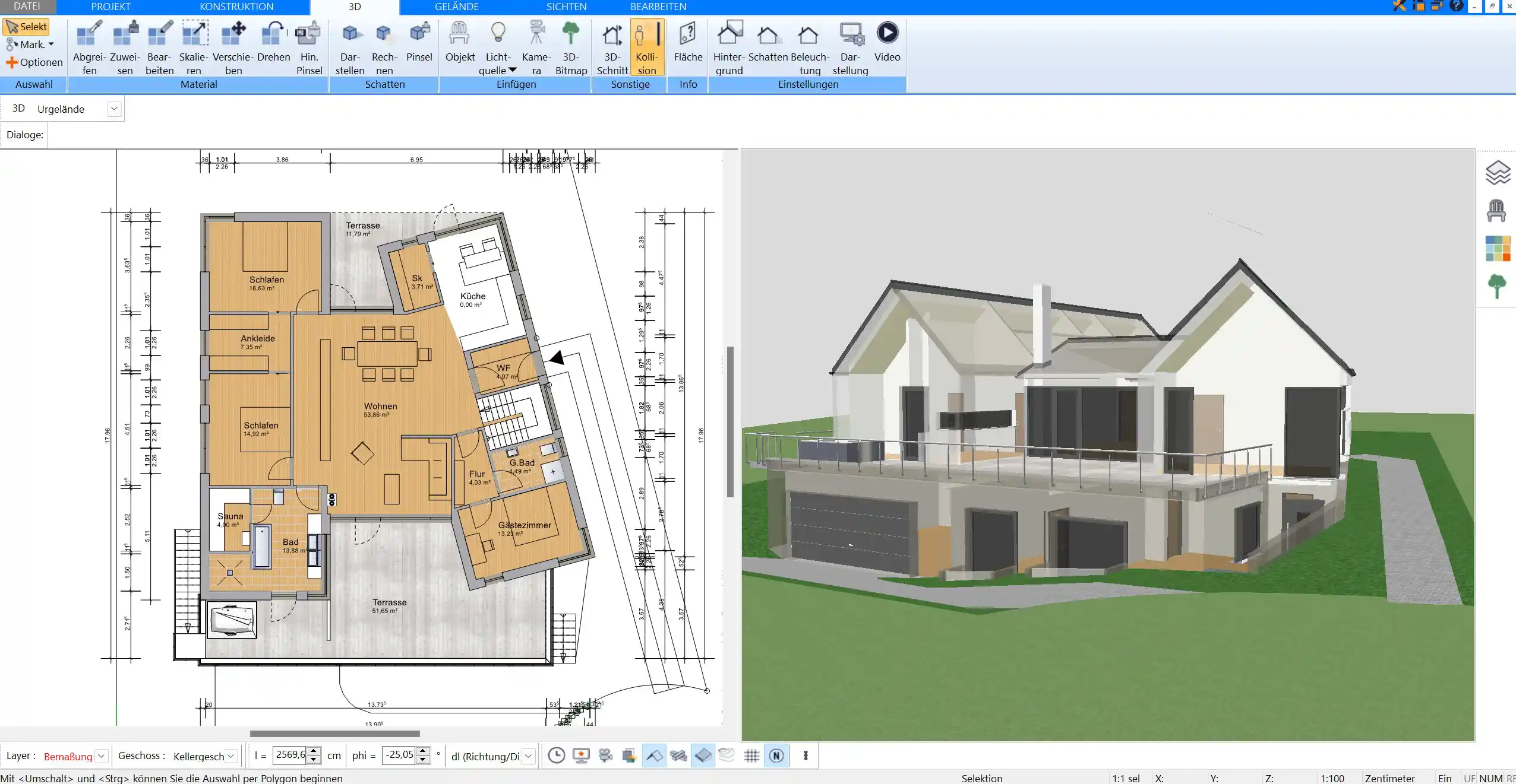 Ein Screenshot oder eine 3D-Visualisierung eines Hausentwurfs, der in Plan7Architekt erstellt wurde