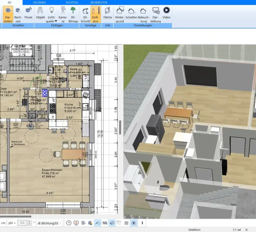 Im Plan7Architekt können Sie auch eine 1 Zimmer Wohnung nach deutschen Baustandards planen