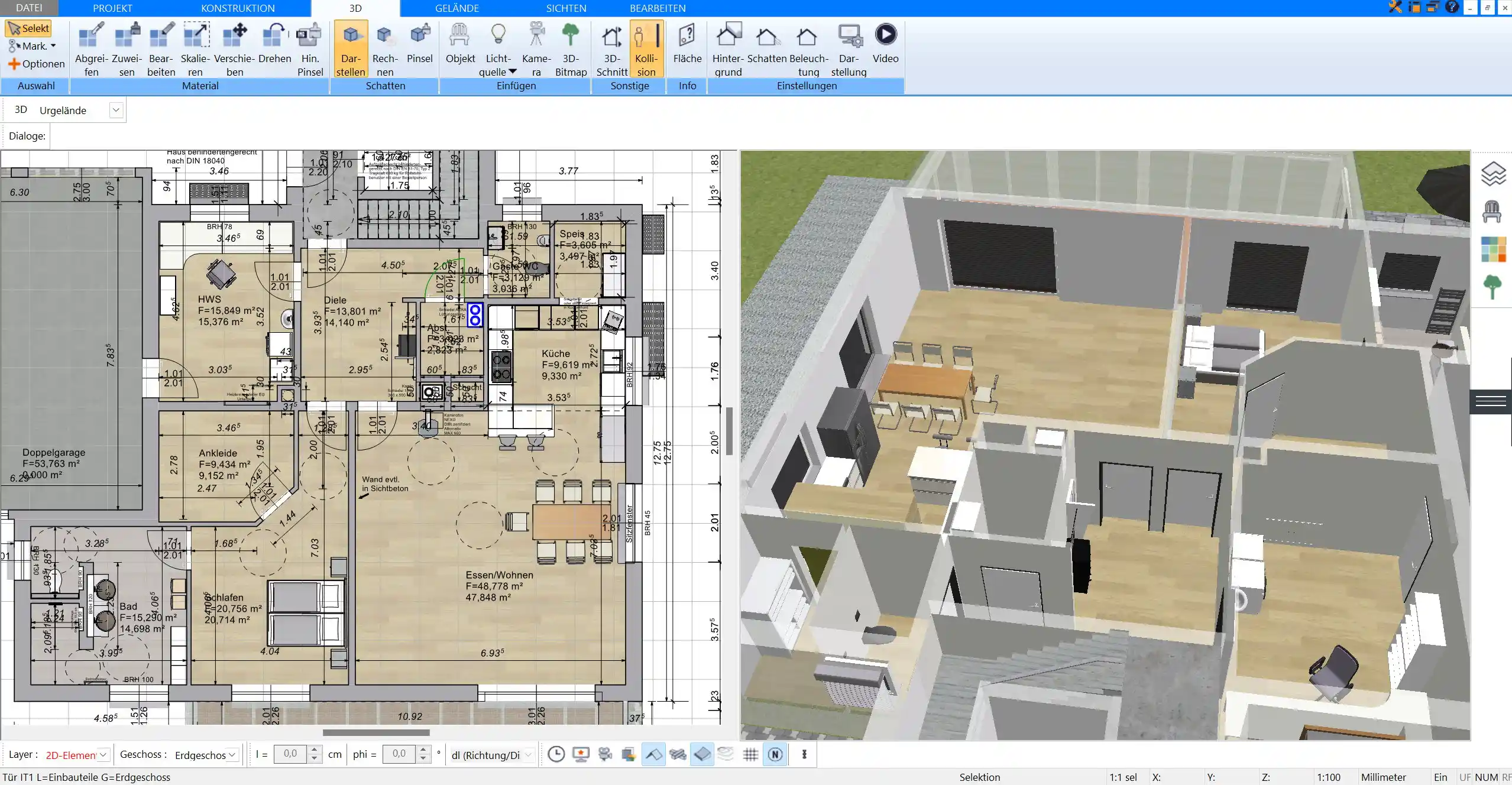 Im Plan7Architekt können Sie auch eine 1 Zimmer Wohnung nach deutschen Baustandards planen