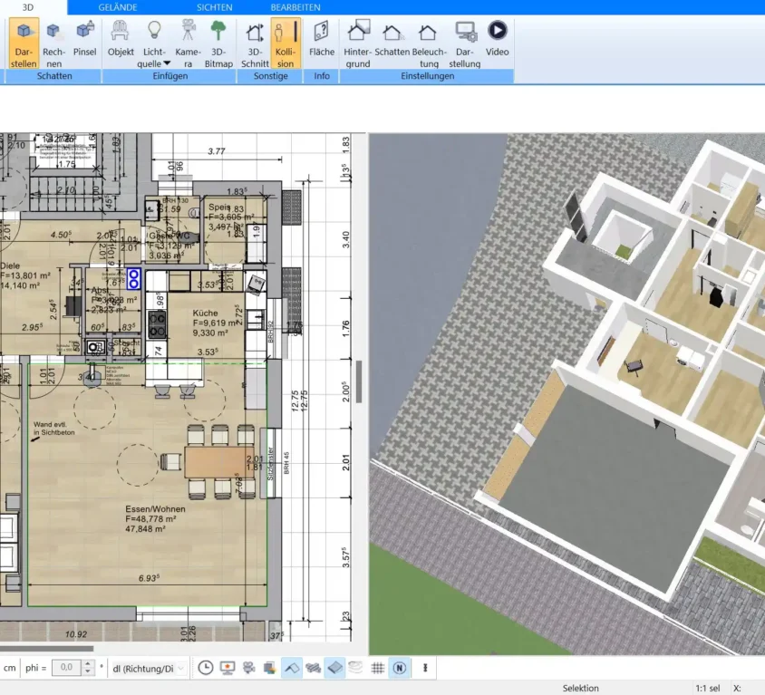 Mit dem Plan7Architekt kann auch eine Schreinerei nach deutschen Baustandards virtuell geplant werden