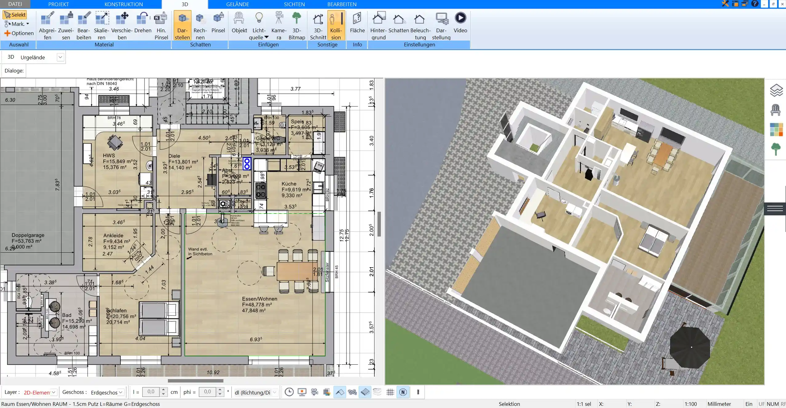 Mit dem Plan7Architekt kann auch eine Schreinerei nach deutschen Baustandards virtuell geplant werden