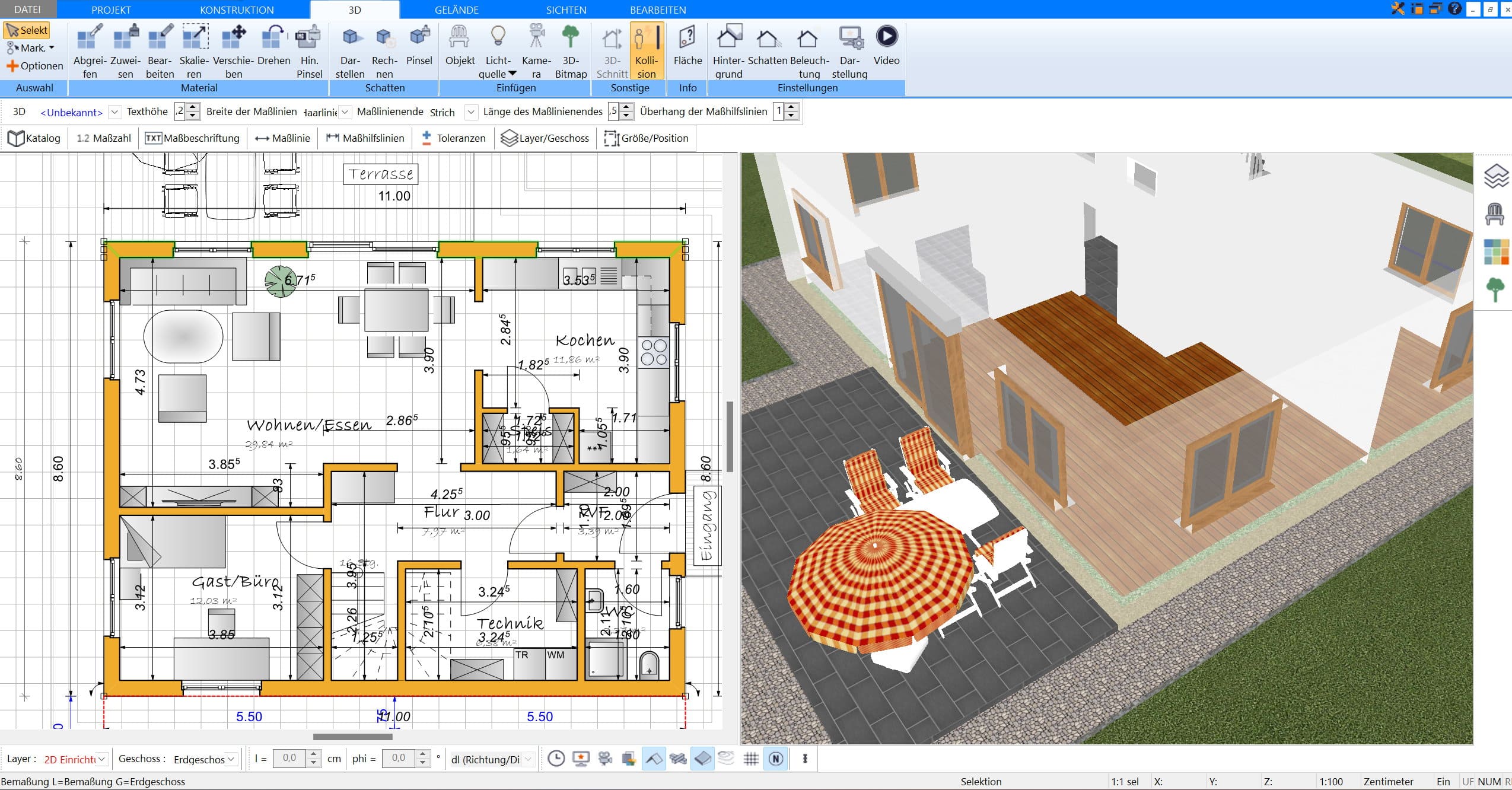 Im Plan7Architekt lässt sich das Wohnzimmer sowohl im 2D als auch im 3D modus neu einrichten