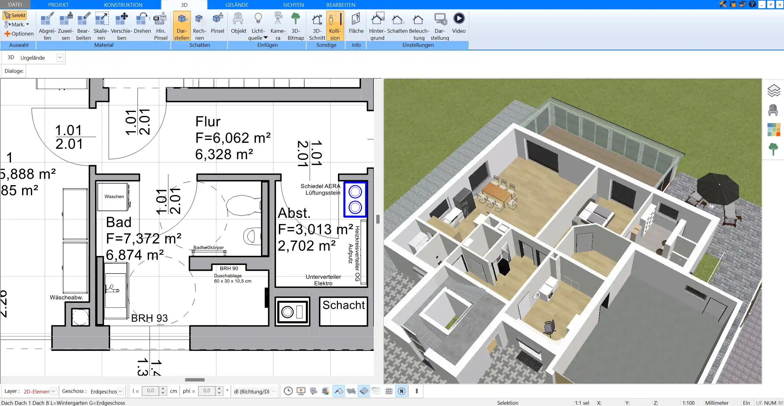 Räume können im Plan7Architekt sowohl in 2D als auch in 3D parallel geplant und bearbeitet werden