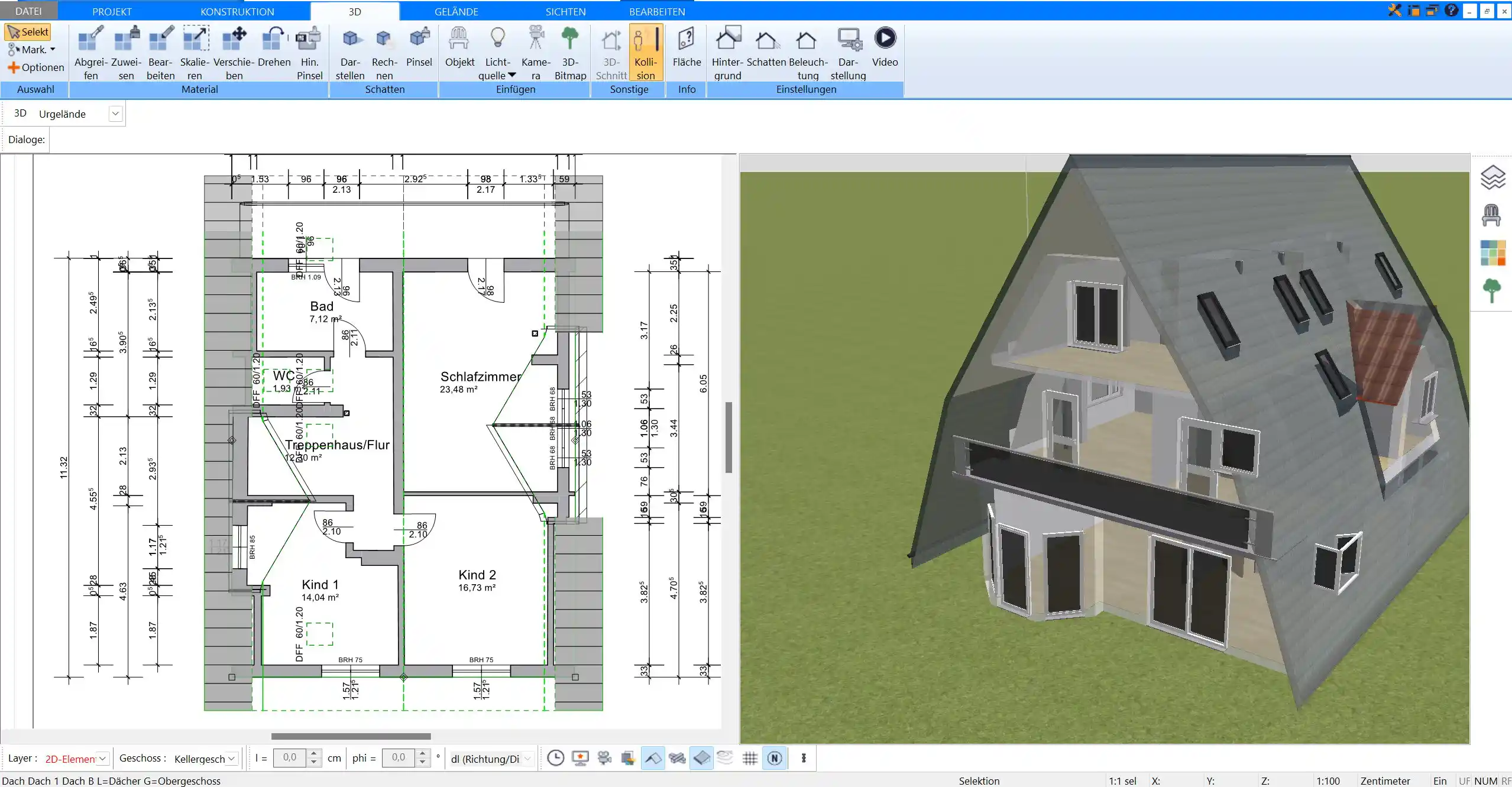 2D-Grundrissansicht in Plan7Architekt – Gestalten Sie den Grundriss Ihres Einfamilienhauses präzise in der 2D-Ansicht und positionieren Sie Elemente wie Fenster und Türen