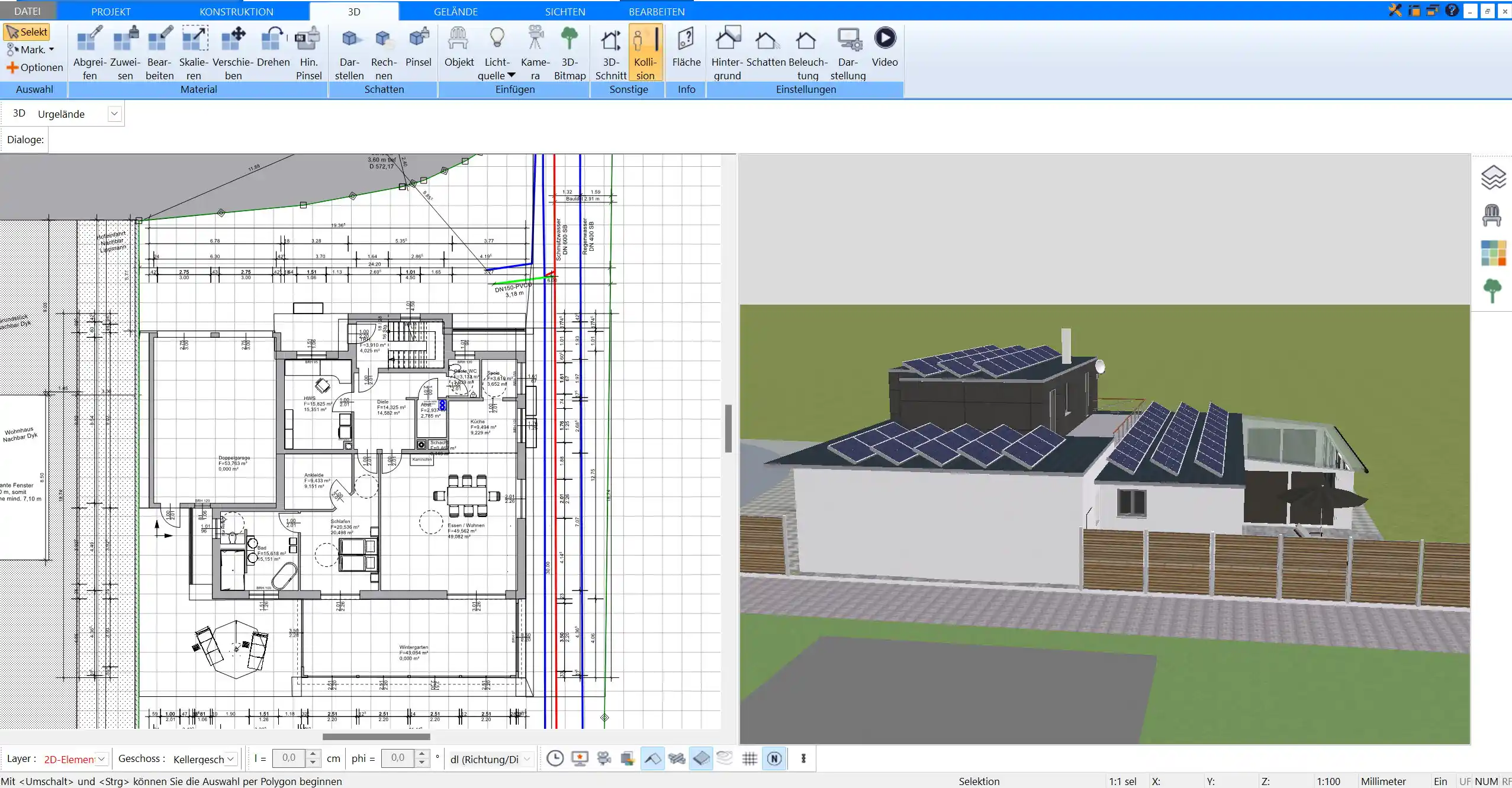 2D- und 3D-Ansicht eines Bungalows – Planen Sie die Grundrisse eines Bungalows und erleben Sie die Ergebnisse direkt in der 3D-Ansicht.