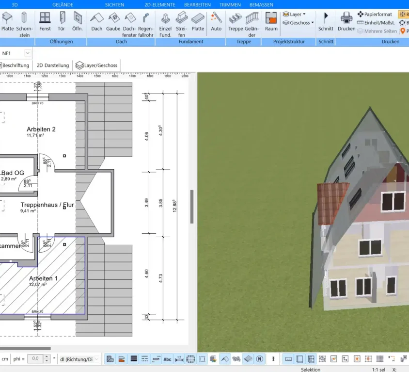 2D- und 3D-Ansicht eines Einfamilienhauses – Planen Sie den Grundriss und erleben Sie Ihre Vision in 3D.