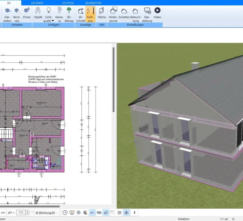 2D- und 3D-Planung eines nachträglichen Kellers – Planen Sie den Kellerbau präzise in der parallelen Ansicht.