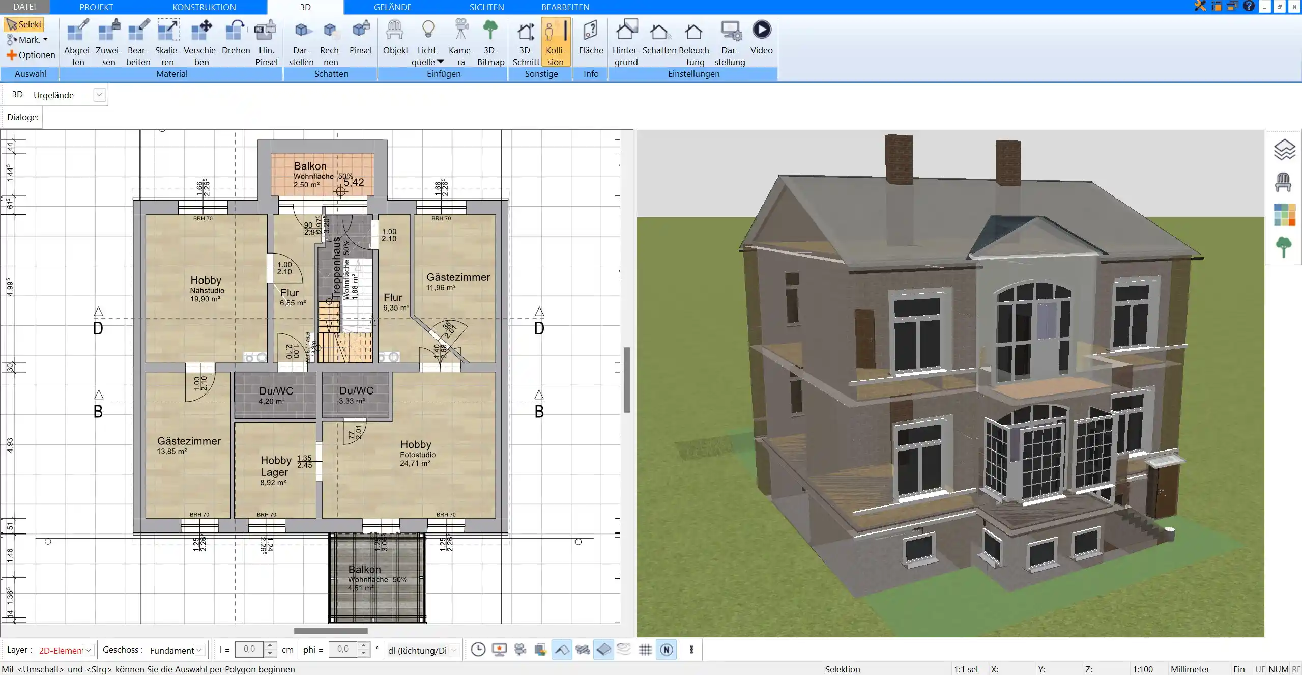 2D- und 3D-Planung für den Kelleranbau – Visualisieren Sie Ihre Kellerplanung in der parallelen 2D- und 3D-Ansicht.