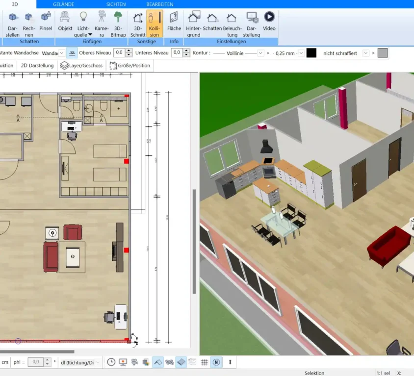 Mit dem Plan7Architekt kann man Wände und alle Elemente virtuell neu streichen und ihnen neue Texturen zuweisen