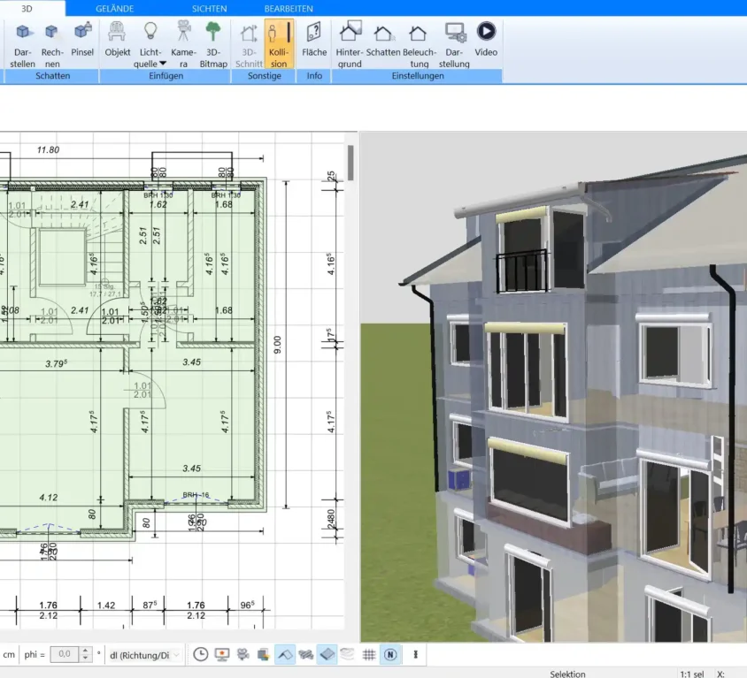 Mit dem Plan7Architekt kann man ein Einfamilienhaus virtuell verputzen und die Flächen automatisch berechnen