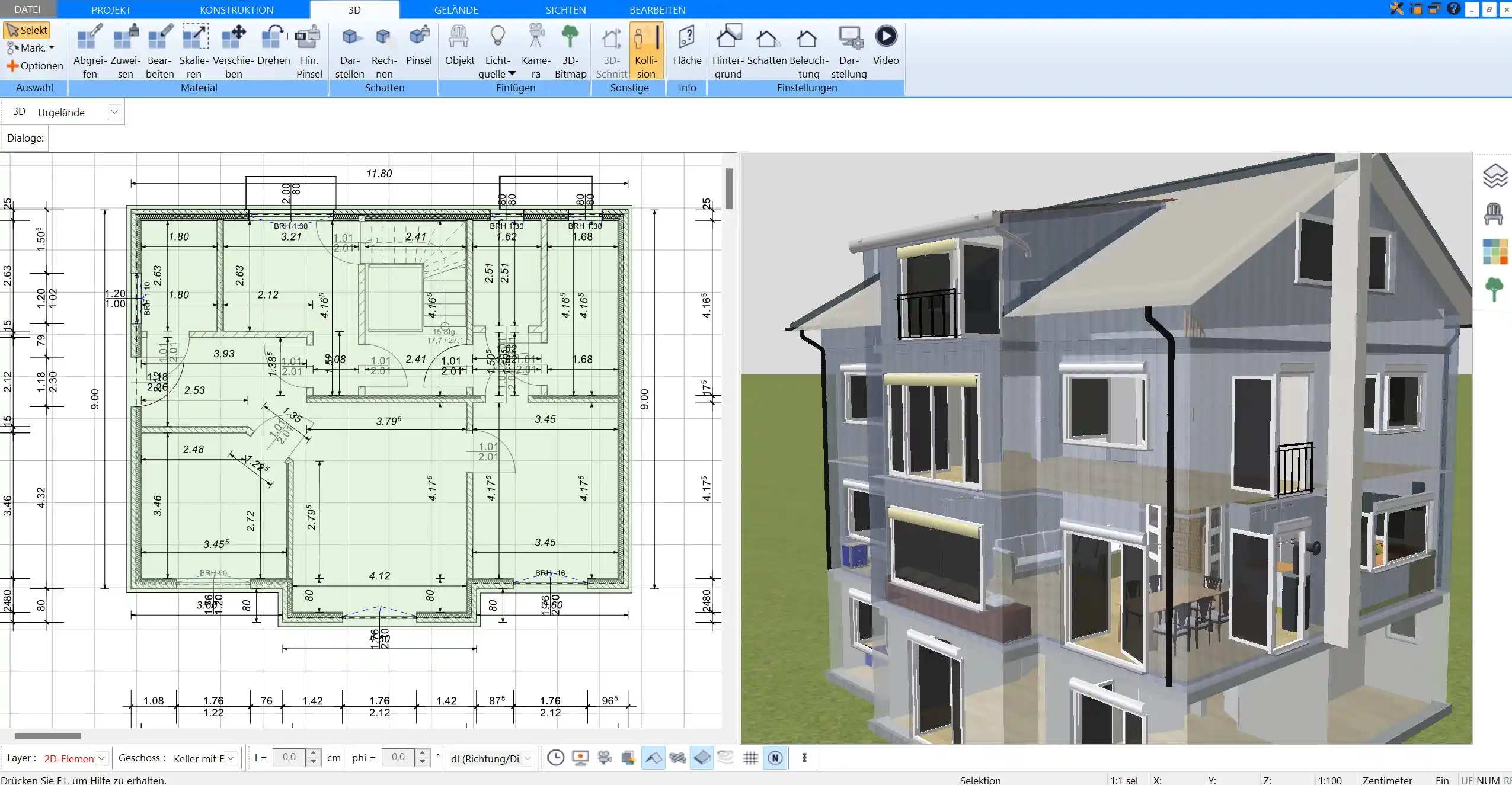 Mit dem Plan7Architekt kann man ein Einfamilienhaus virtuell verputzen und die Flächen automatisch berechnen