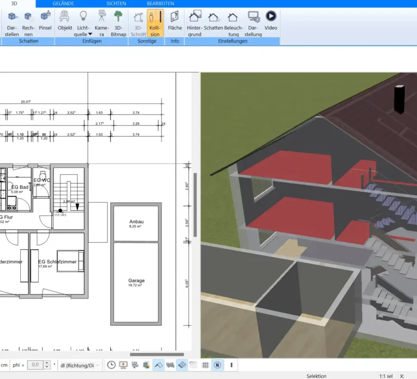 Planung eines Hausanbaus in 2D und 3D – Visualisieren Sie Ihren Hausanbau in der parallelen 2D- und 3D-Ansicht.