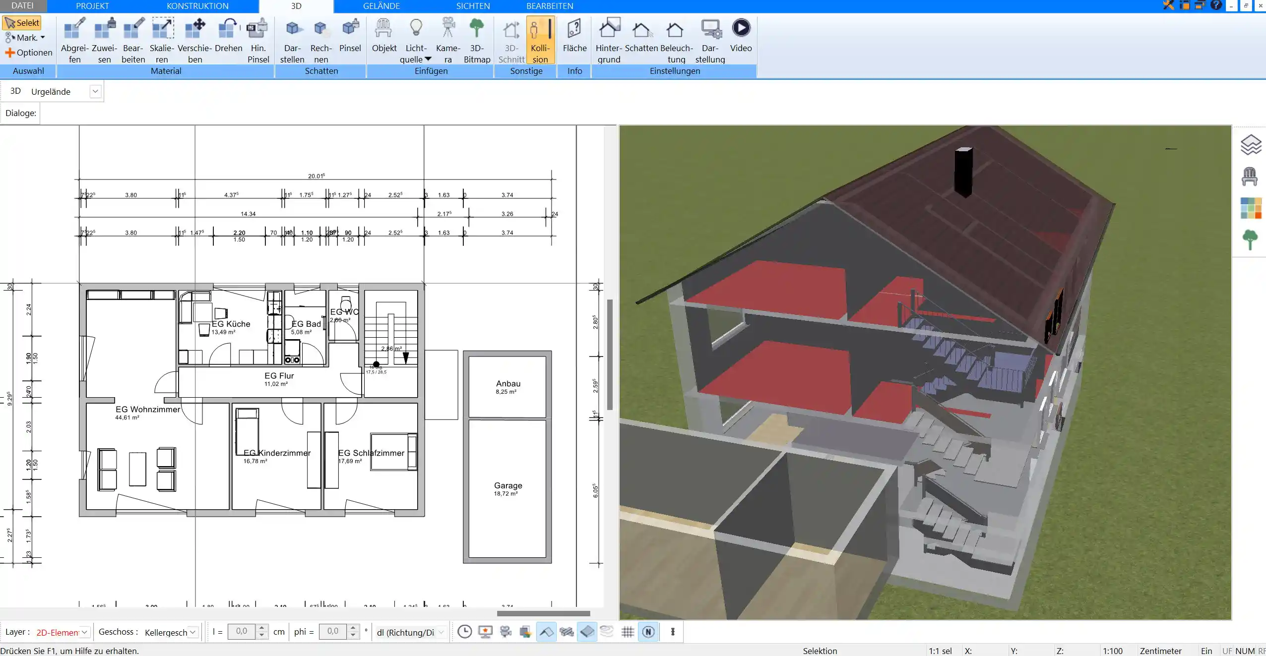 Planung eines Hausanbaus in 2D und 3D – Visualisieren Sie Ihren Hausanbau in der parallelen 2D- und 3D-Ansicht.