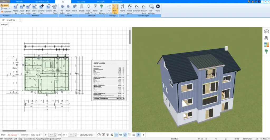 Planung eines Holzhauses in 2D und 3D – Visualisieren Sie Ihr Haus in der parallelen 2D- und 3D-Ansicht.