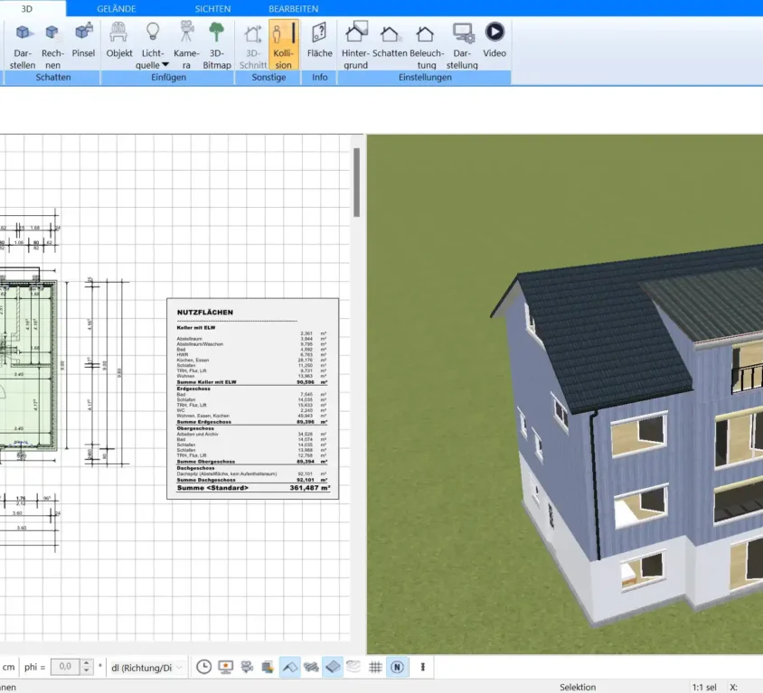 Planung eines Holzhauses in 2D und 3D – Visualisieren Sie Ihr Haus in der parallelen 2D- und 3D-Ansicht.