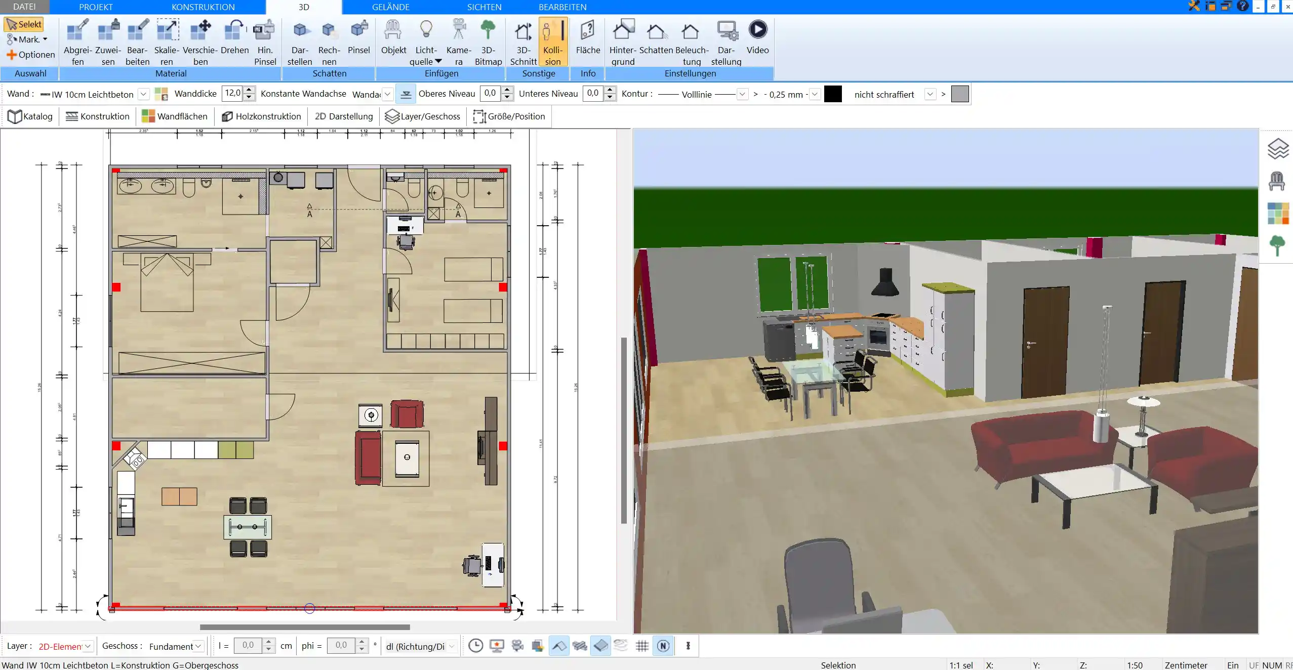 Im Plan7Architekt lassen sich alle Möbel, Tapeten und Böden virtuell schnell ersetzen und vergleichen