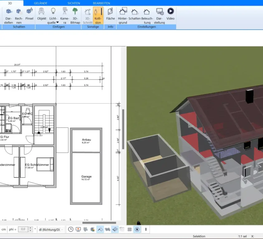 Mit dem Plan7Architekt kann man das ganze Haus und den Abstand zur Grenze virtuell planen