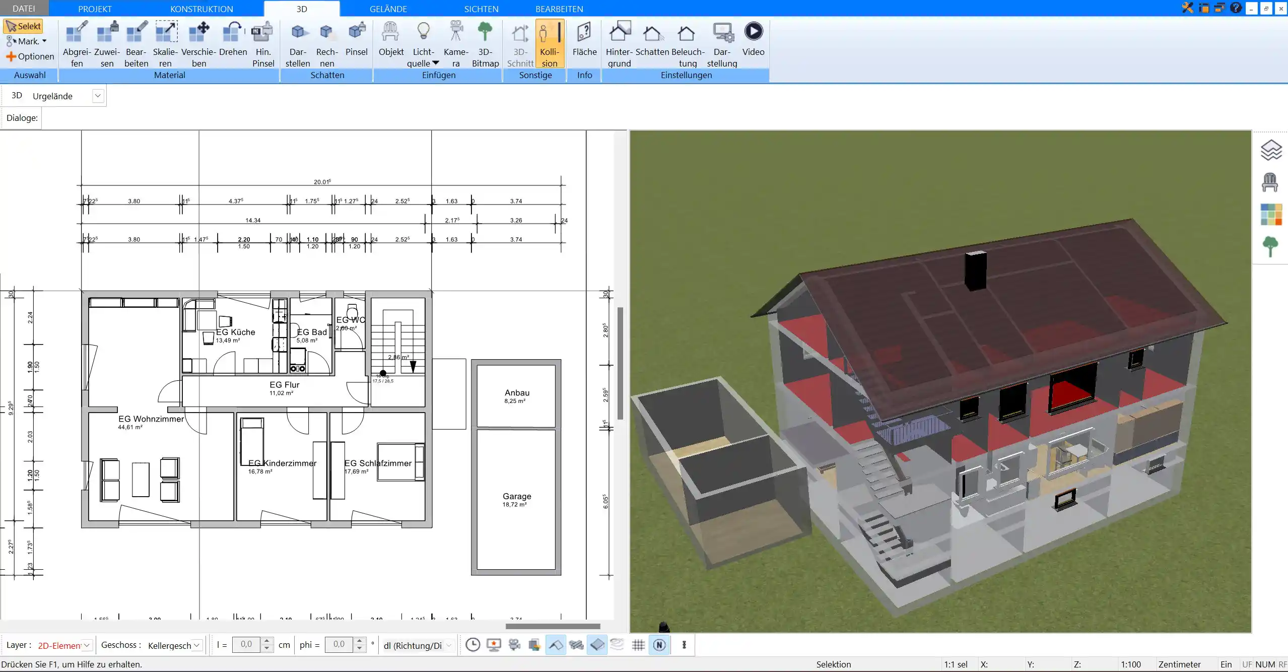 Mit dem Plan7Architekt kann man das ganze Haus und den Abstand zur Grenze virtuell planen