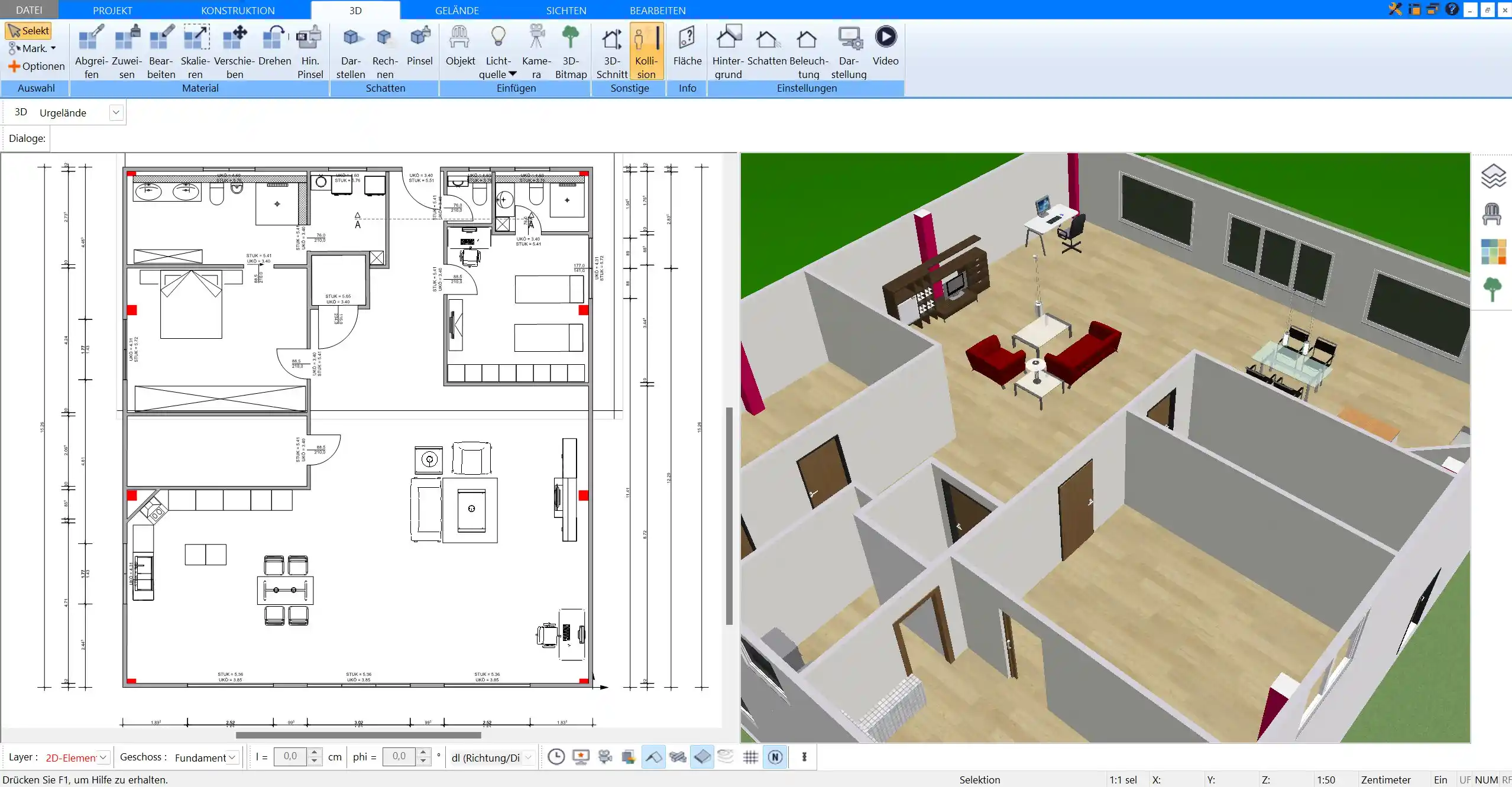 3D-Visualisierung eines Wohnraums in Plan7Architekt Realistische Darstellung in Echtzeit