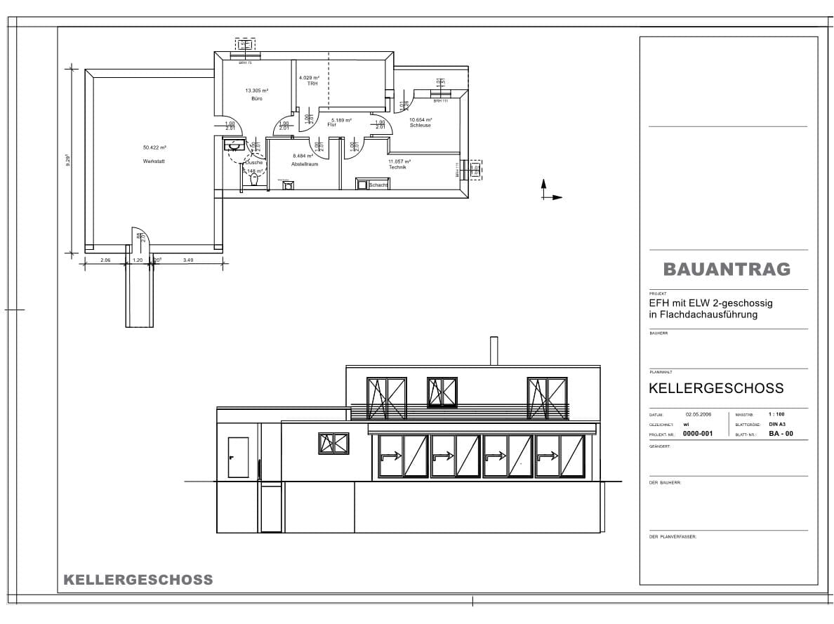 Bauplan, der mit dem Plan7Architekt erstellt wurde, bestehend aus einem Grundriss und einer Schnittzeichnung