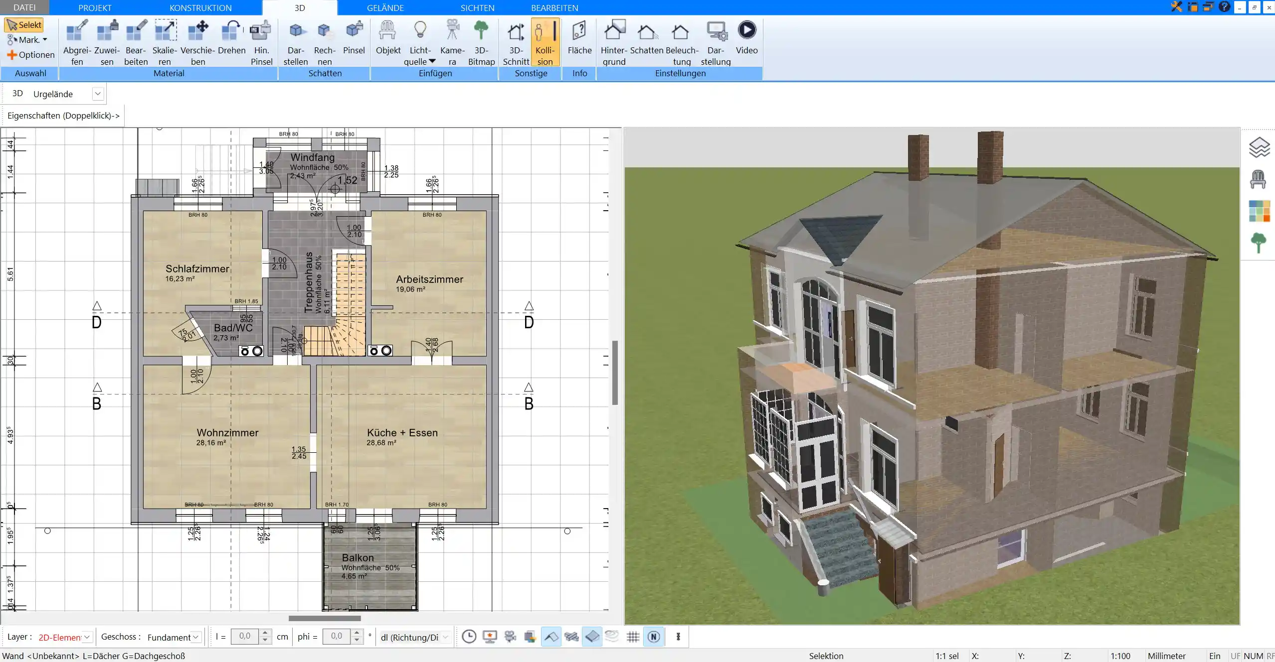 Detailansicht eines Bauplans 2D- und 3D-Visualisierung eines Mehrfamilienhauses