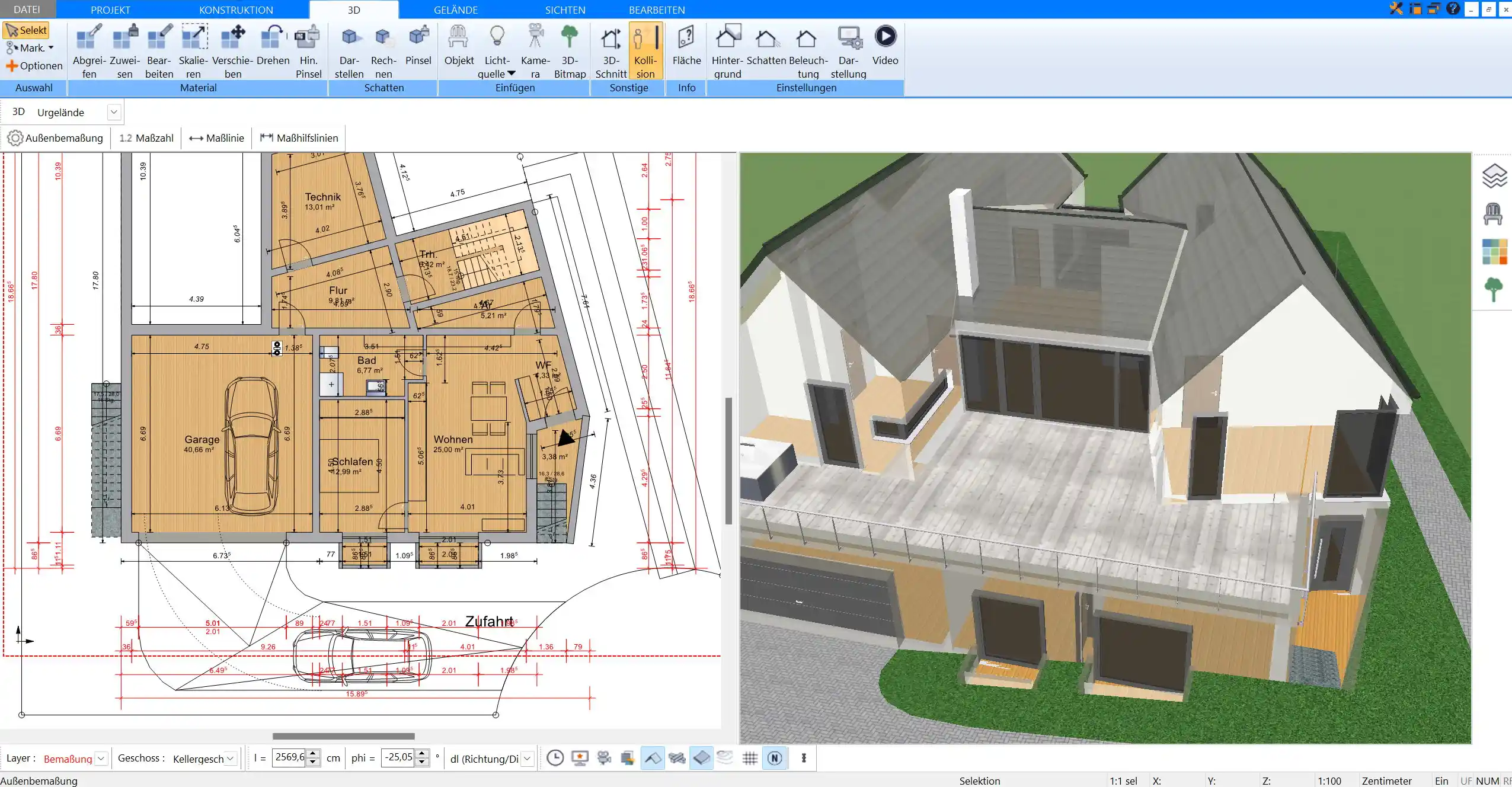 Die 3D-Ansicht im Plan7Architekt zeigt den korrekt platzierten Schornstein im Zusammenspiel mit dem restlichen Gebäude.