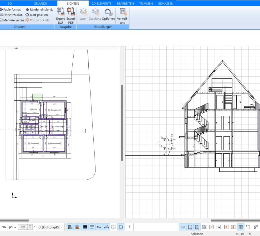 In den Bauplan gehören Seitenansichten, Schnitte und Grundrisse jedes Stockwerks und das alles kann man mit dem Plan7Architekt selbst erstellen