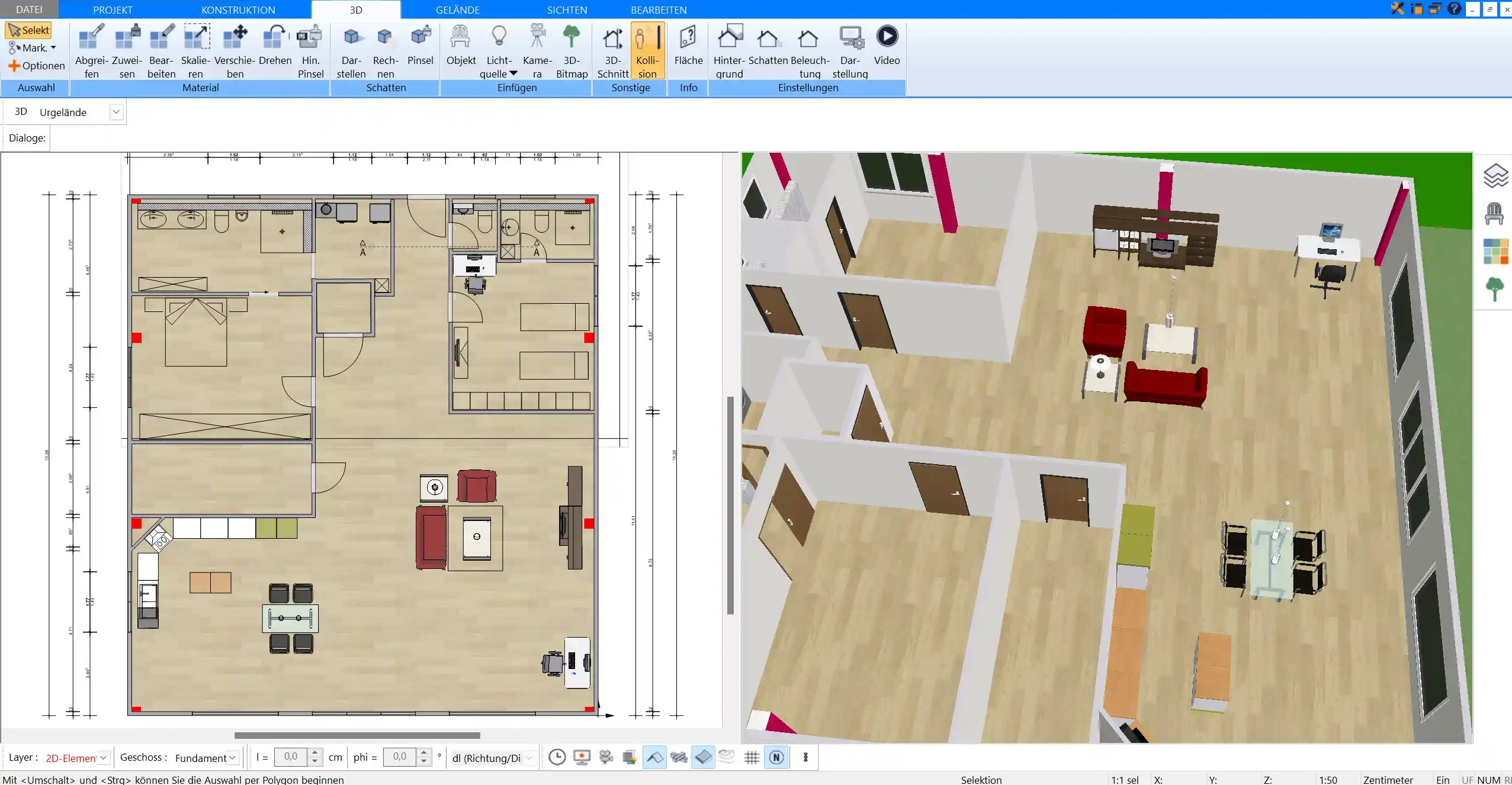 Möbel im Grundriss zeichnen mit dem Plan7Architekt - sowohl in 2D als auch in 3D